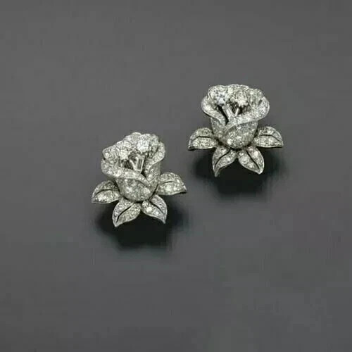 2Ct Rose Flower Stud Earring Round Cut Lab Created Diamond 14K White Gold Plated