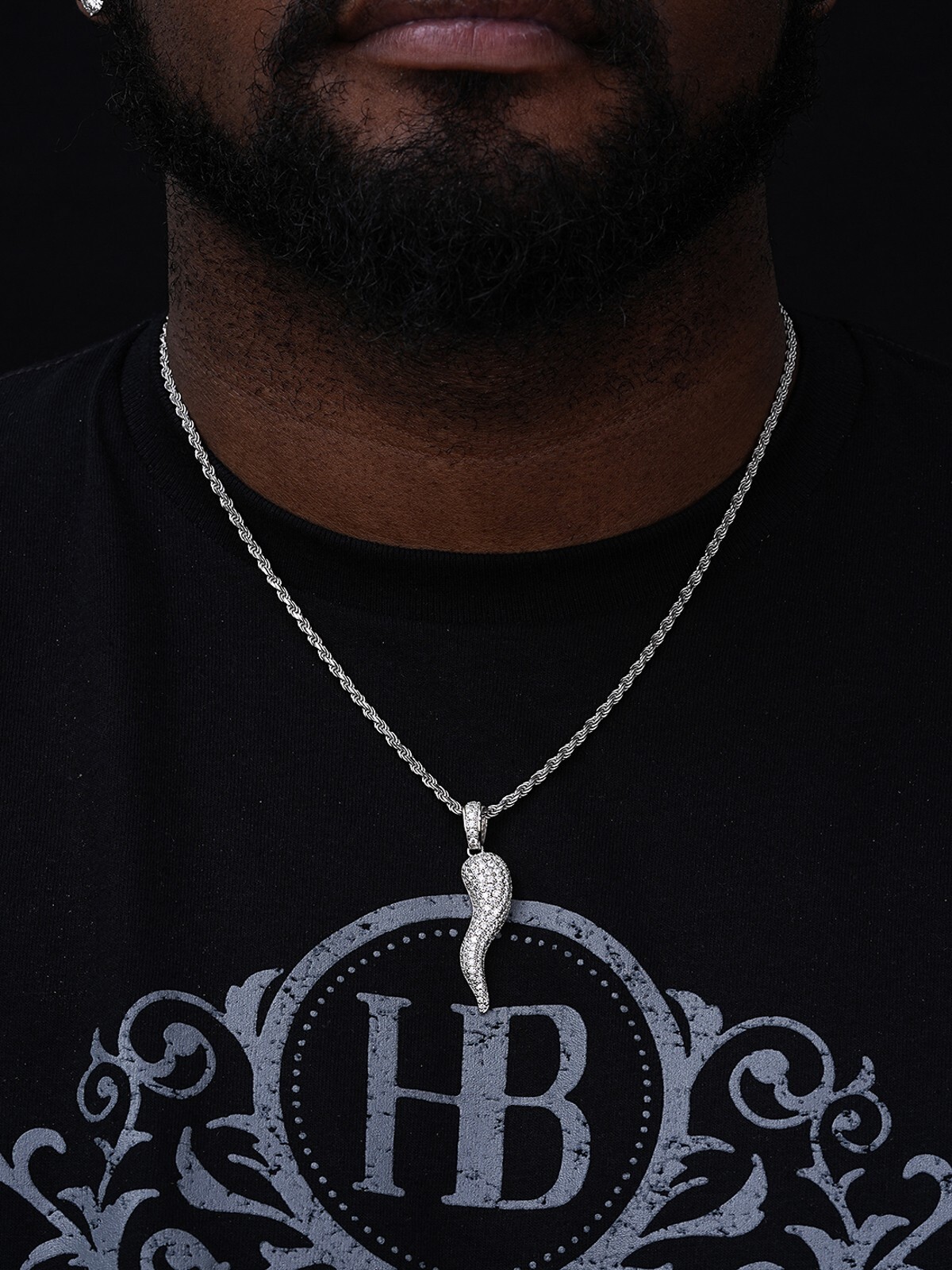 Real 925 Silver/14k Gold Plated Cornicello Italian Horn Pendant Necklace Iced CZ