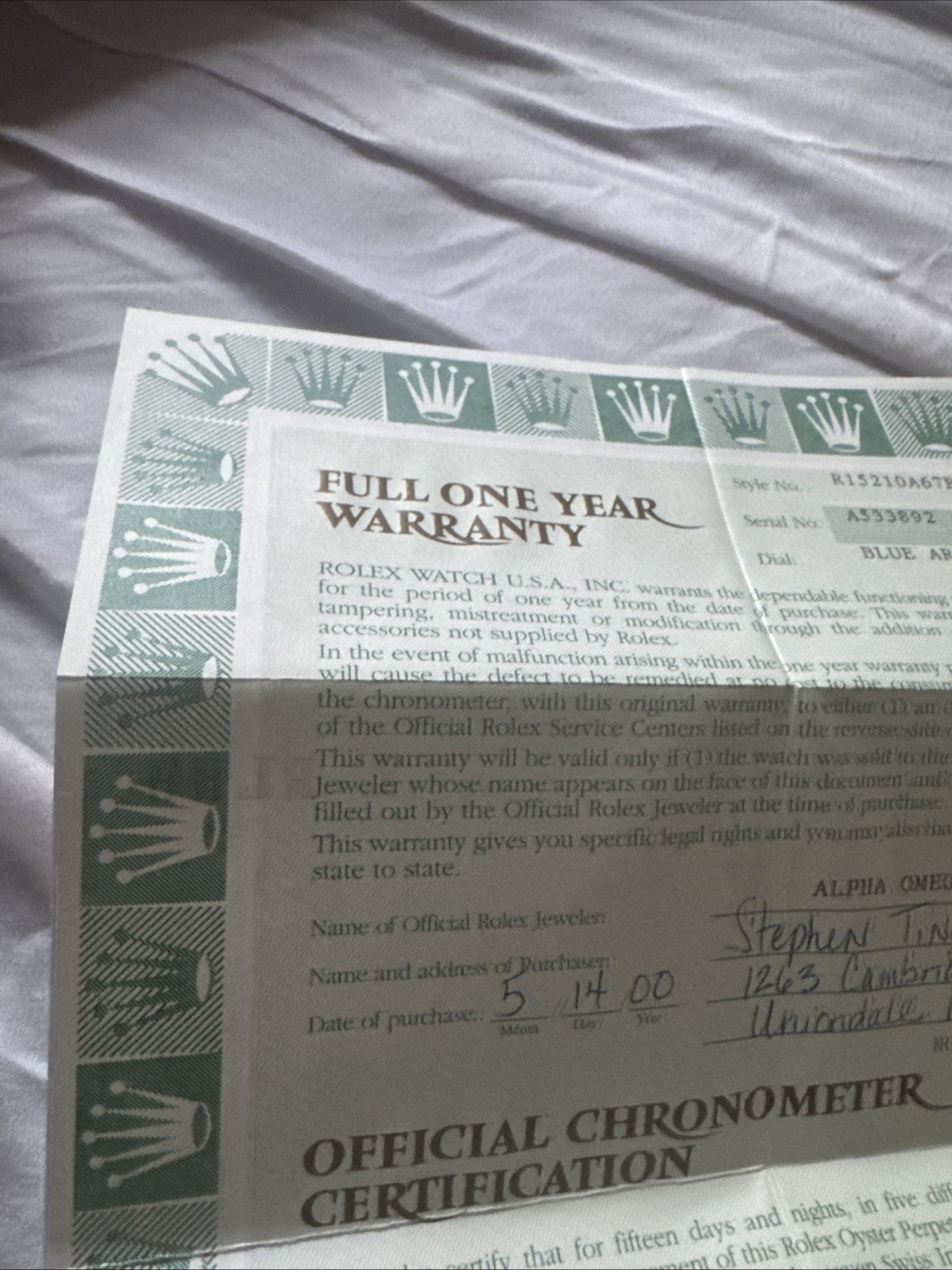 Original Rolex One Year Warranty R15210 From May, 2000