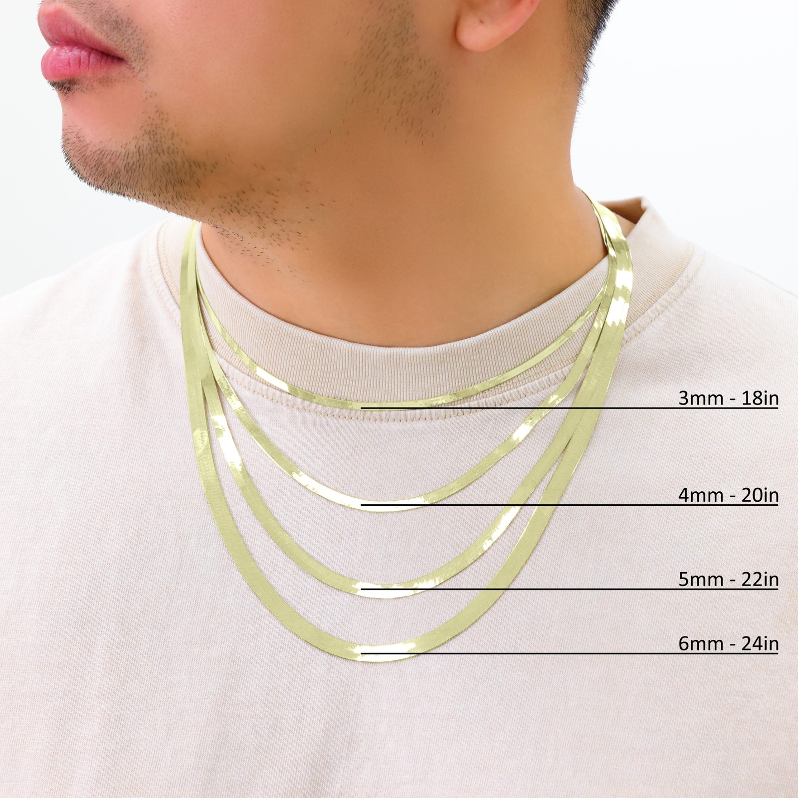 10K Yellow Gold Solid 3mm-9mm Flat Silky Herringbone Chain Necklace 16″- 24″