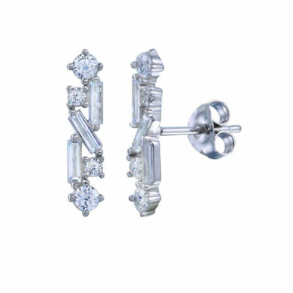 Sterling Silver Baguette & Round Cut CZ Stones Linear Stud Earrings