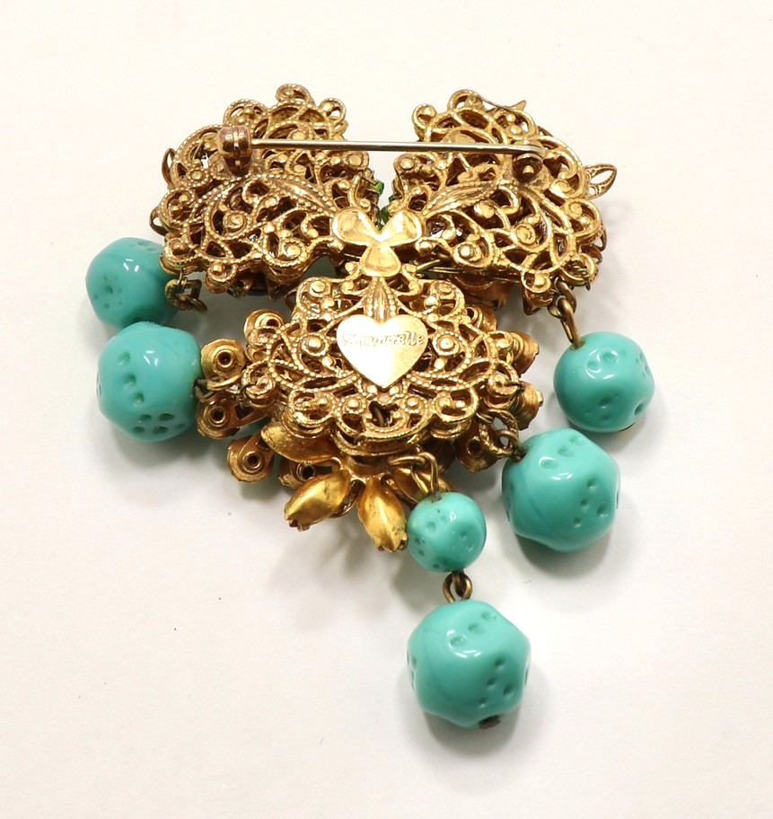 VINTAGE AMOURELLE FRANK HESS FLORAL BEADED DANGLING BROOCH