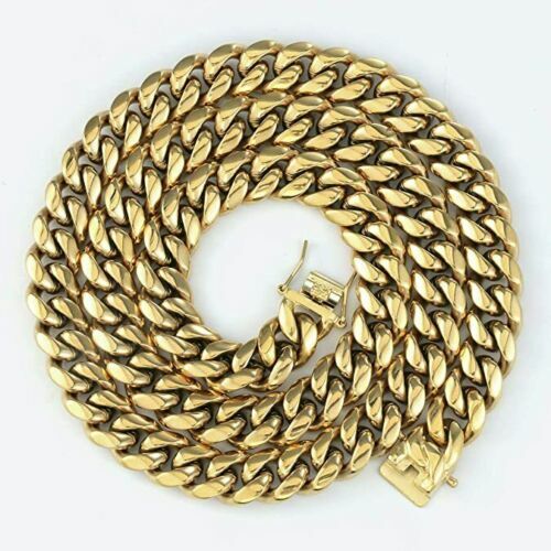 Men’s Miami Cuban Link Chain Bracelet Solid 14K Gold Plated Stainless Steel