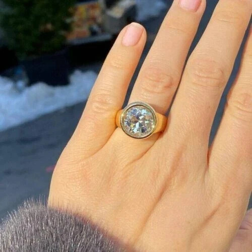 3Ct Round Cut Real Moissanite Bezel Set Engagement Ring 14K Yellow Gold Plated