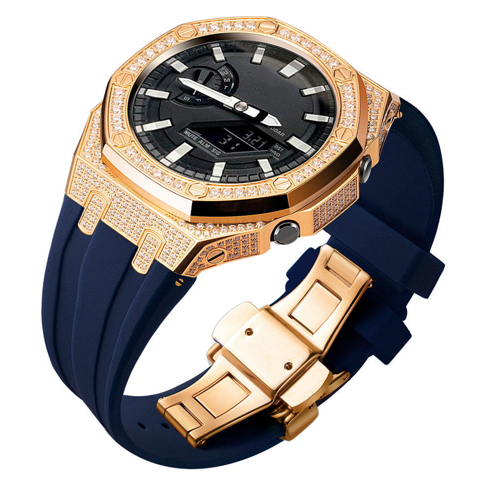Bling Diamond Stainless Steel Case + Rubber Strap AP MOD KIT for G-SHOCK GA-2100