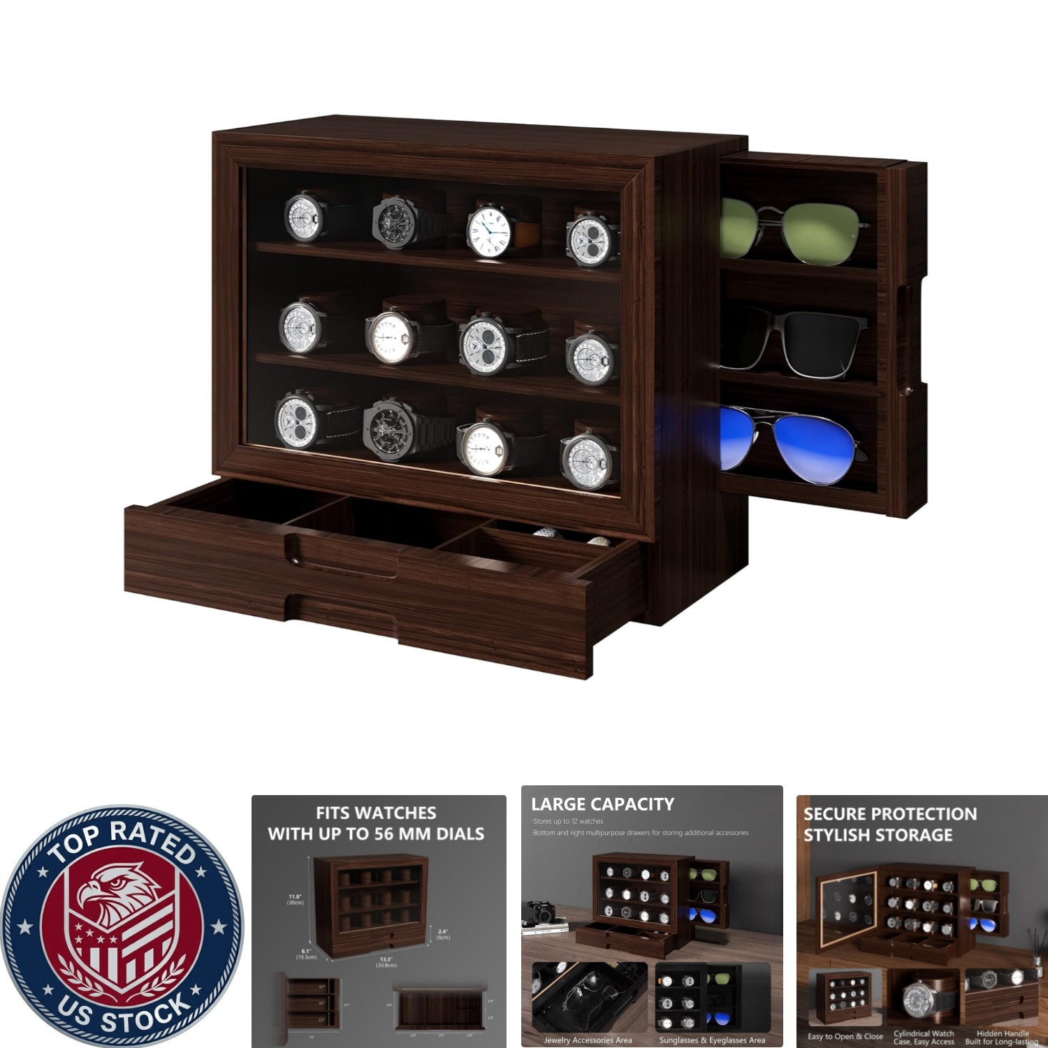 Stylish 12 Watch Jewelry Organizer with Polished Walnut Finish and Clear Window