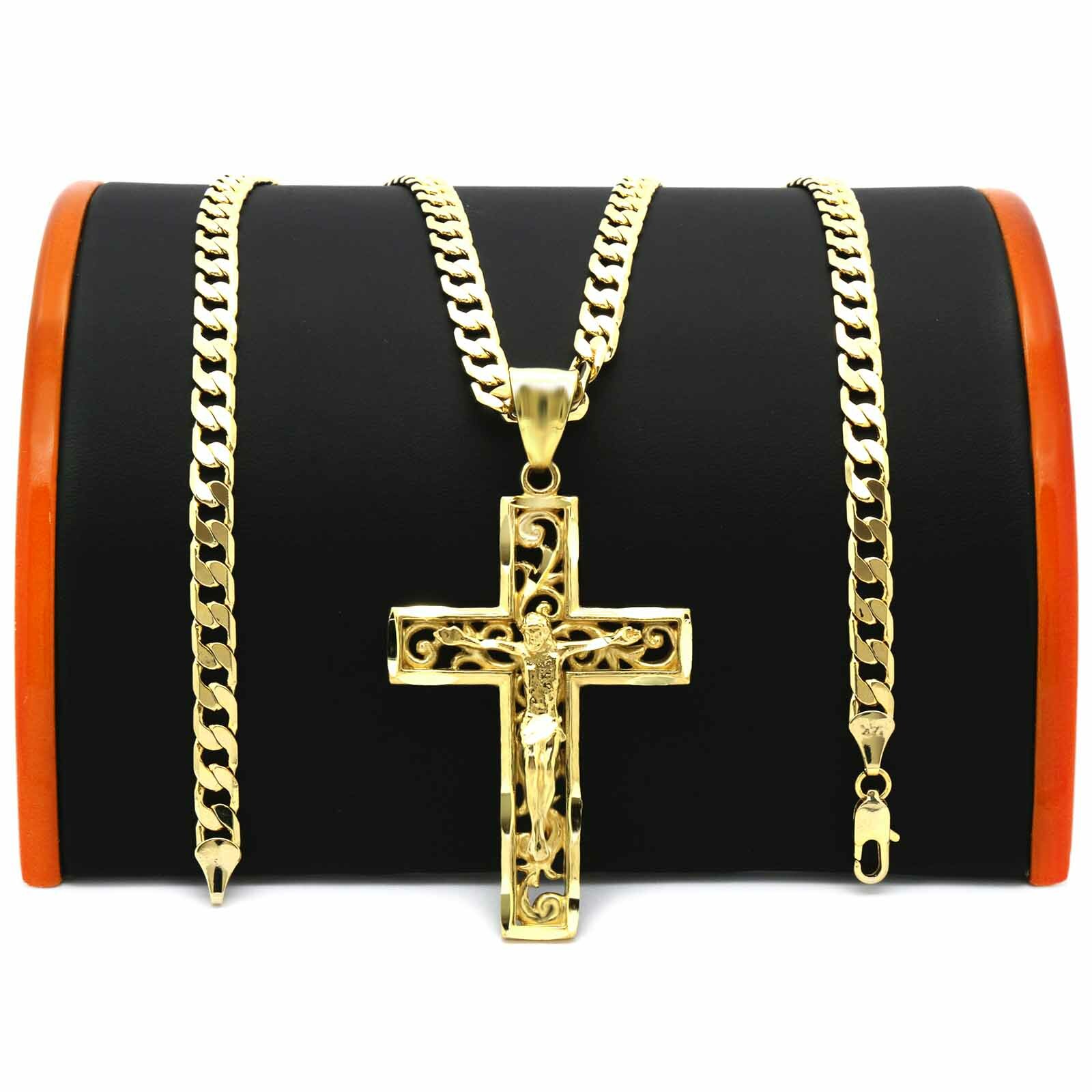 Mens 18k Gold Plated ” JESUS in Cross” Brass Pendant 6mm 24″ Cuban Chain