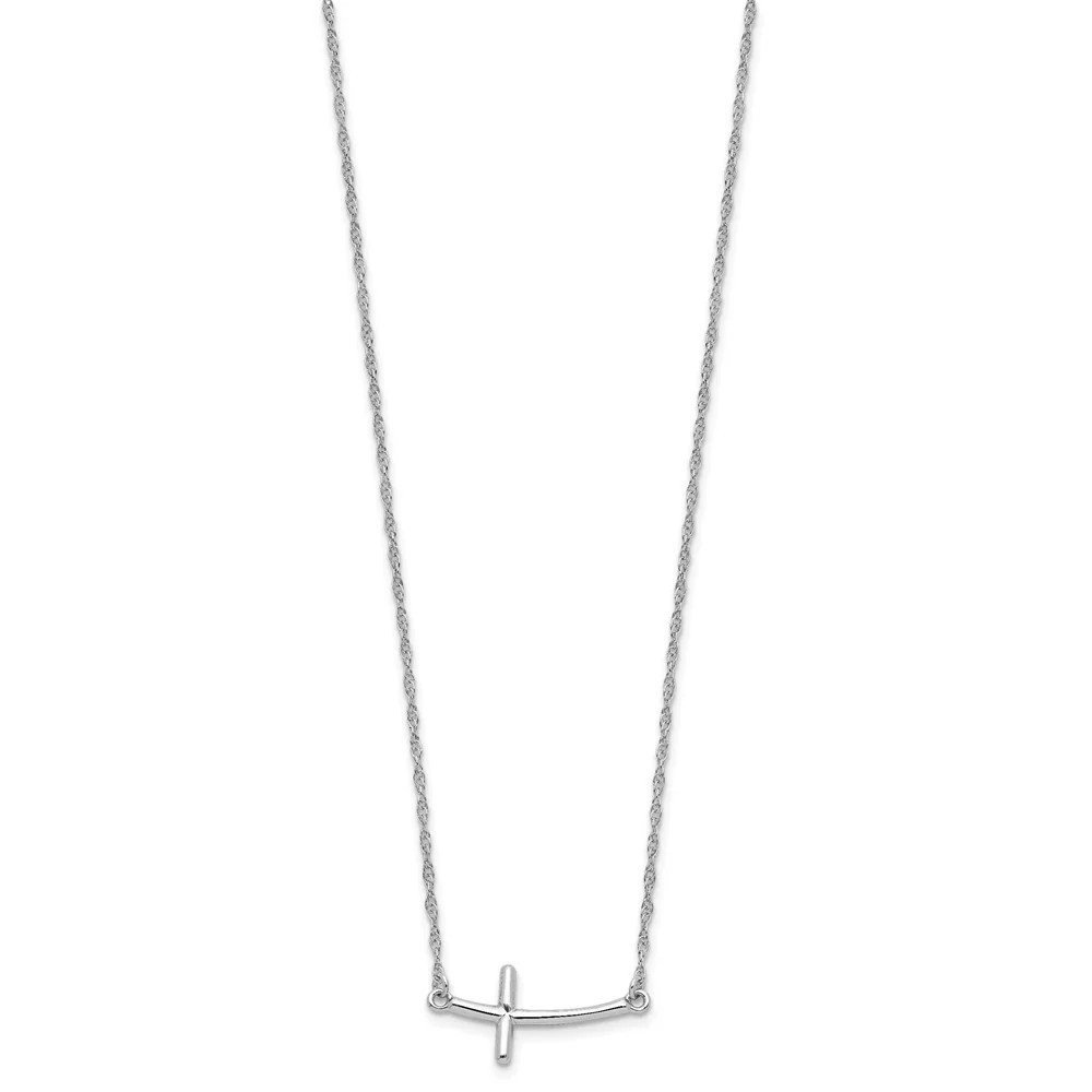 Sterling Silver Rhodium-Plated Large Sideways Curved Cross Necklace