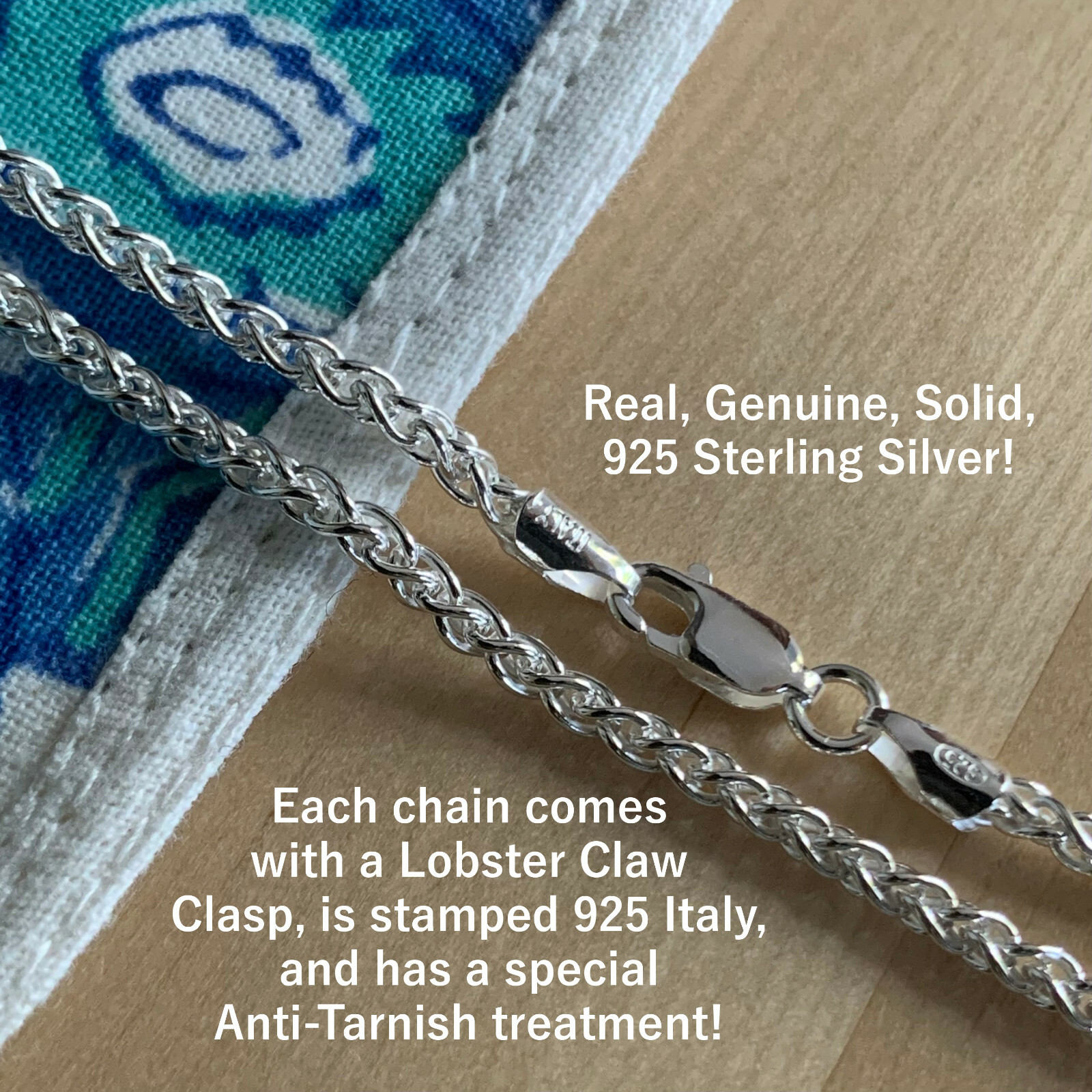 Real Solid Sterling Silver Wheat Spiga Rope Chain Necklace