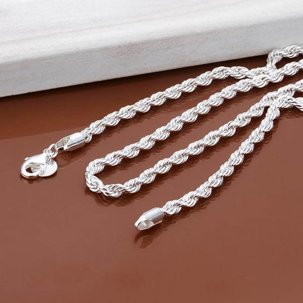 Solid Silver Twisted Rope Chain Necklace 3mm Thick 16″ 18″ 20″ 22″ 24″ 26″ 28″
