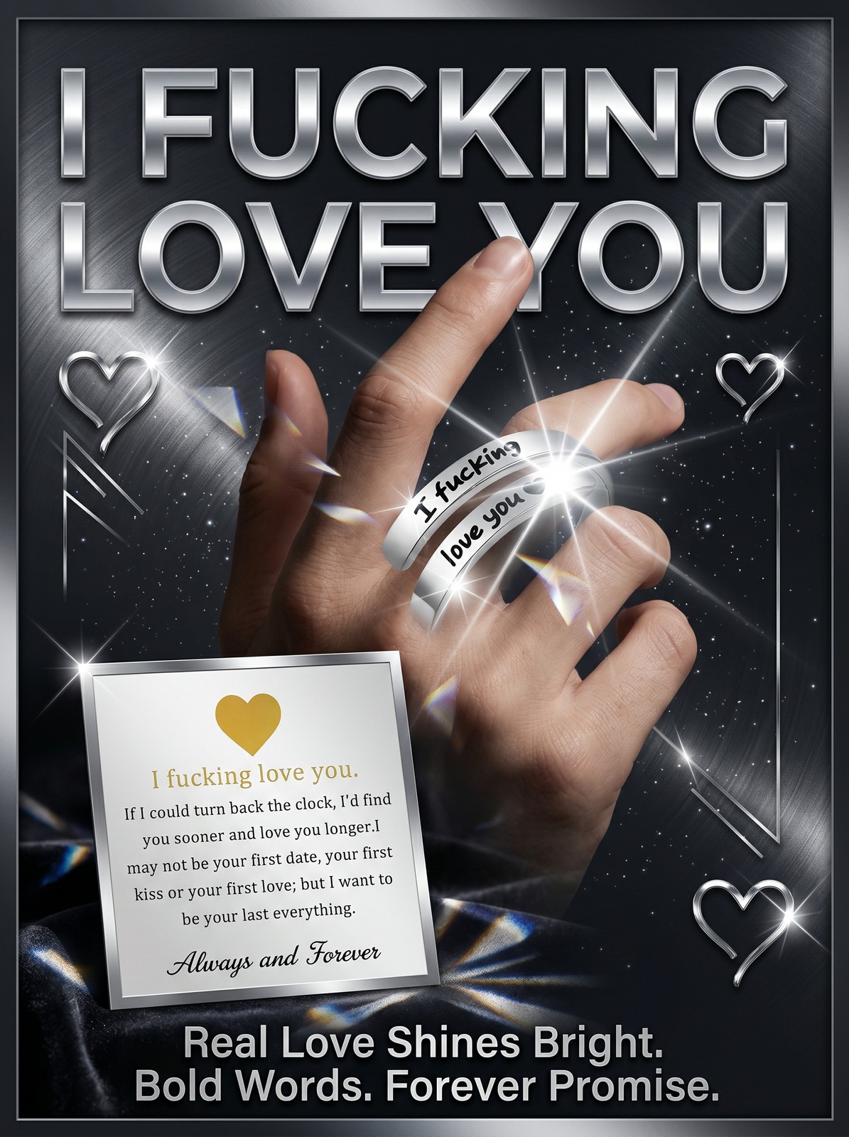 Funny Couple Love Ring, Silver Tone “I F*cking Love You” Statement Band
