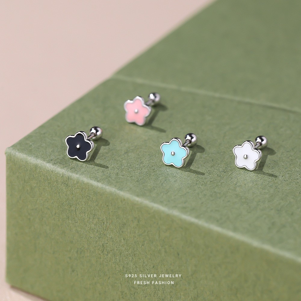 925 Sterling Silver Tiny Flower Enamel Screw Back Stud Earrings 6mm B11