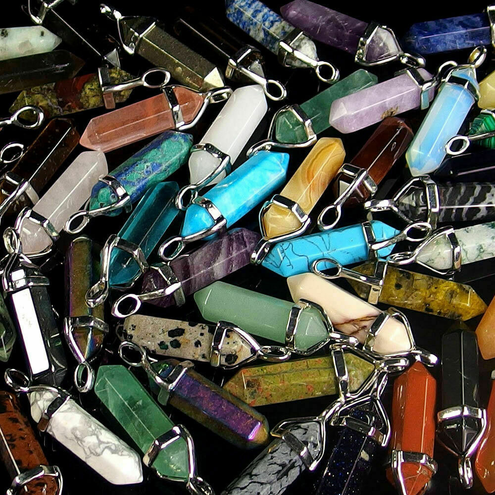 100Pcs Natural Crystal Necklace Pendant Gemstone Chakra Stone Healing Rope Chain