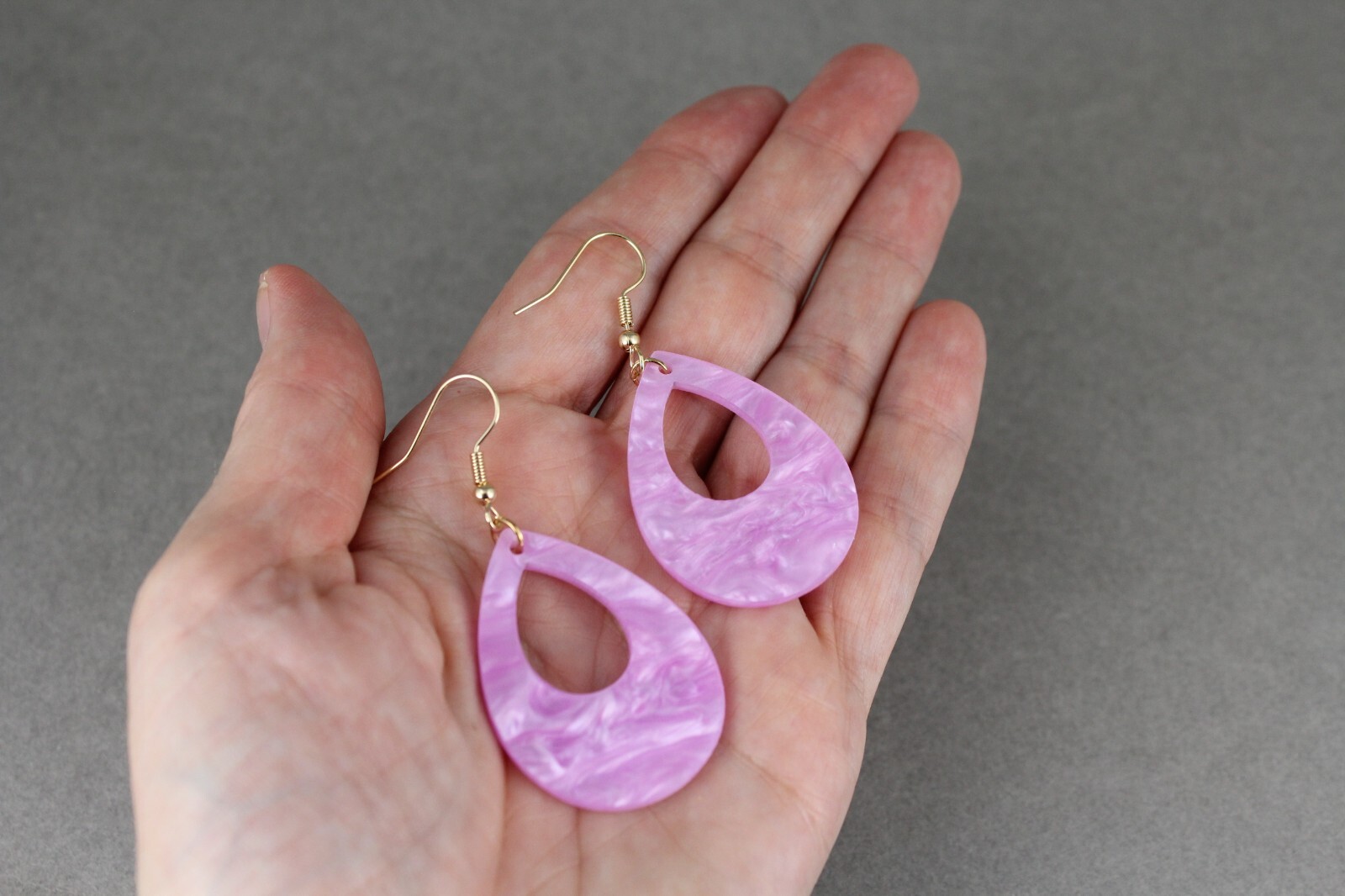 Purple teardrop earrings lightweight dangle cut out oval outline 2.25″ long