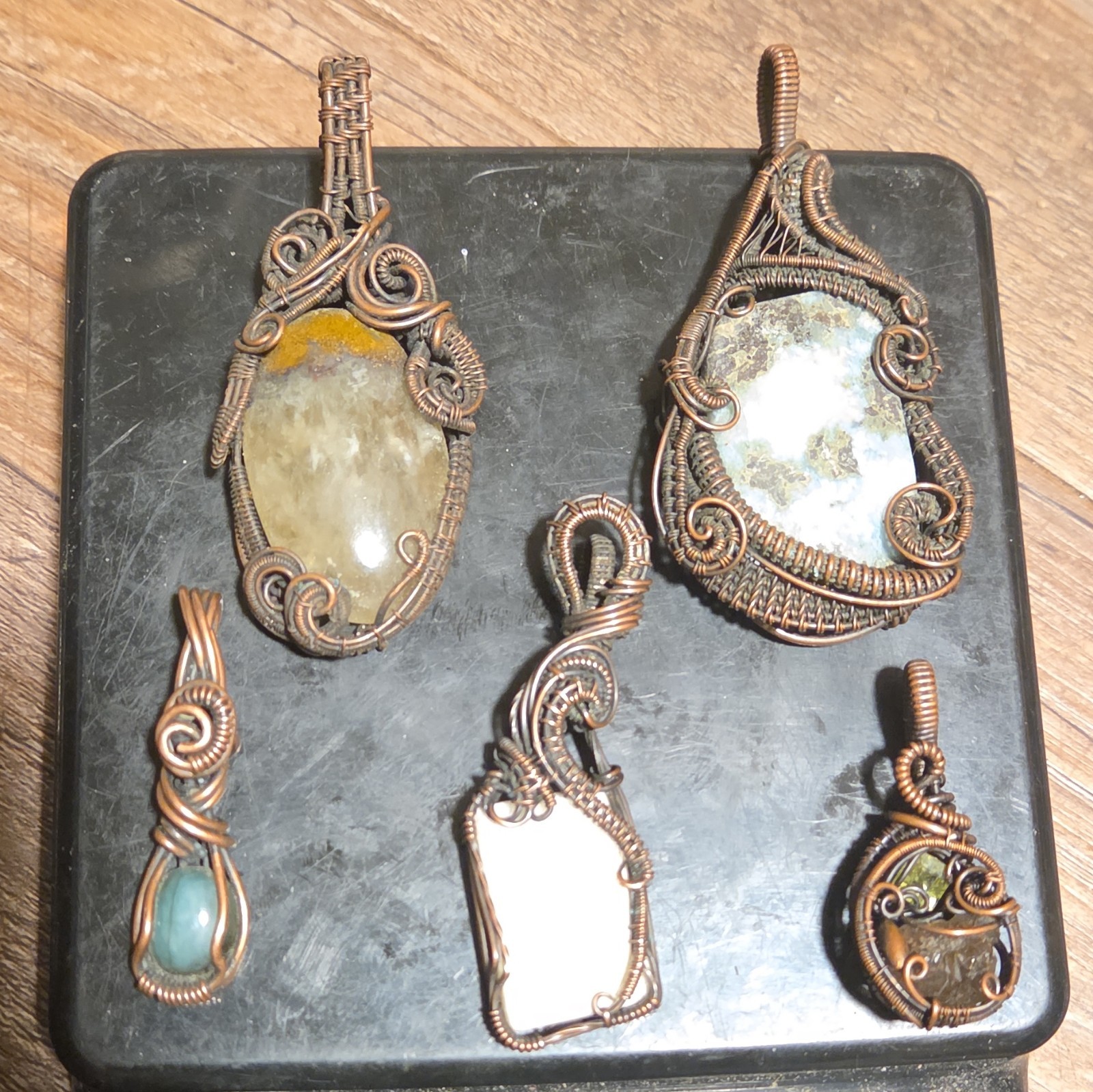 Handcrafted Bohemian Copper Wire Wrapped Multicolor Cabochon Amulet Lot of 5