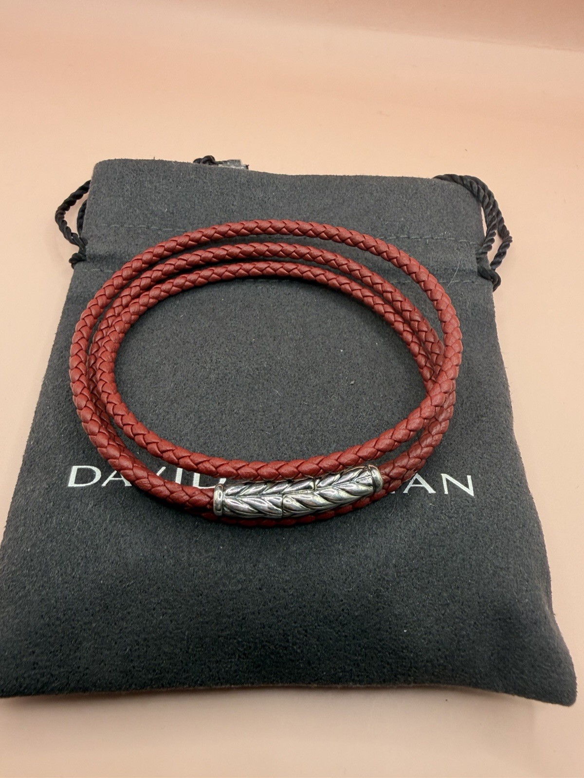 David Yurman Sterling Silver Leather Chevron Triple Red Wrap Bracelet Medium