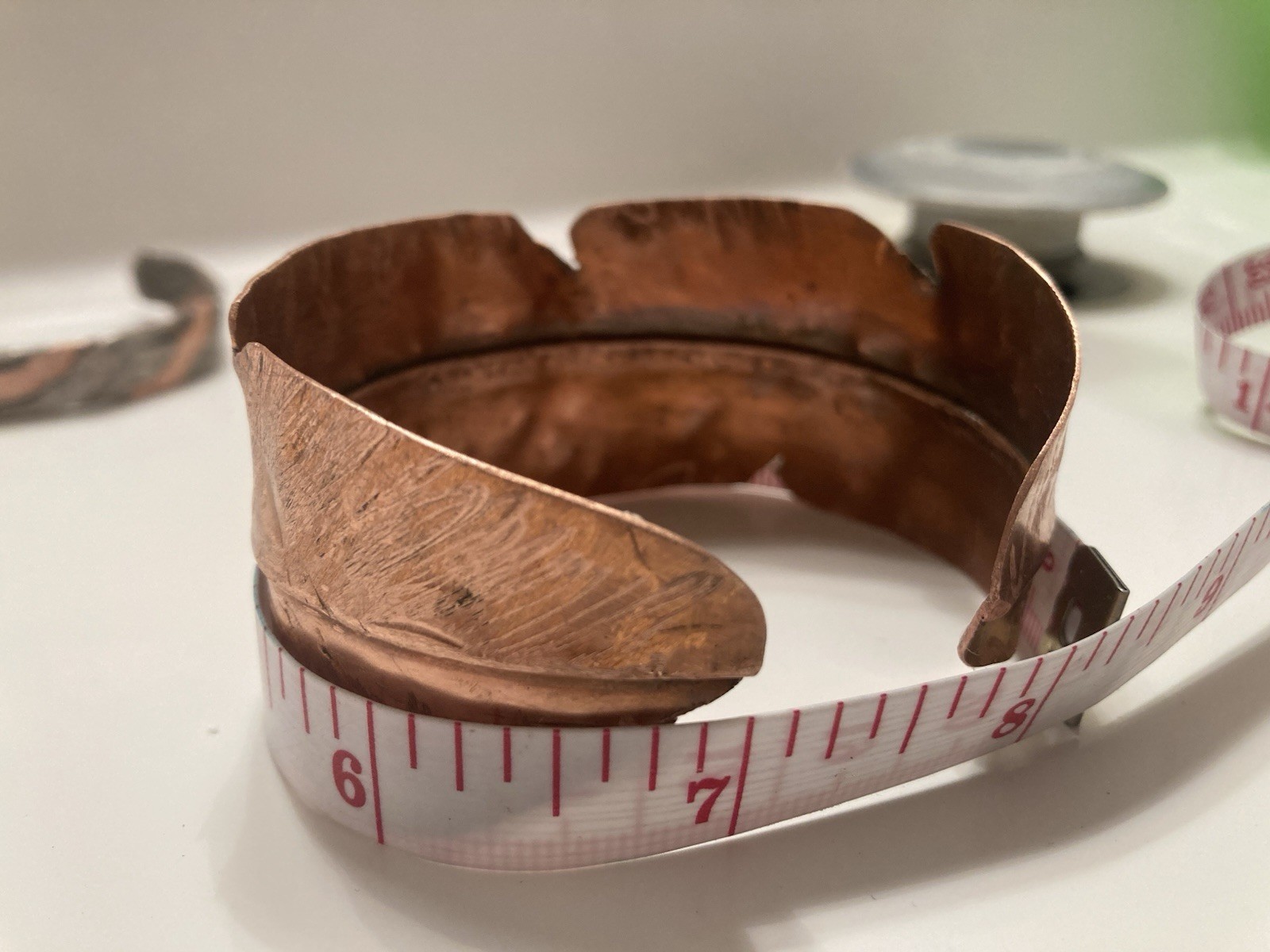 Wide Handcrafted Copper Cuff Bracelet Feather Design Unisex Adults 7 inch