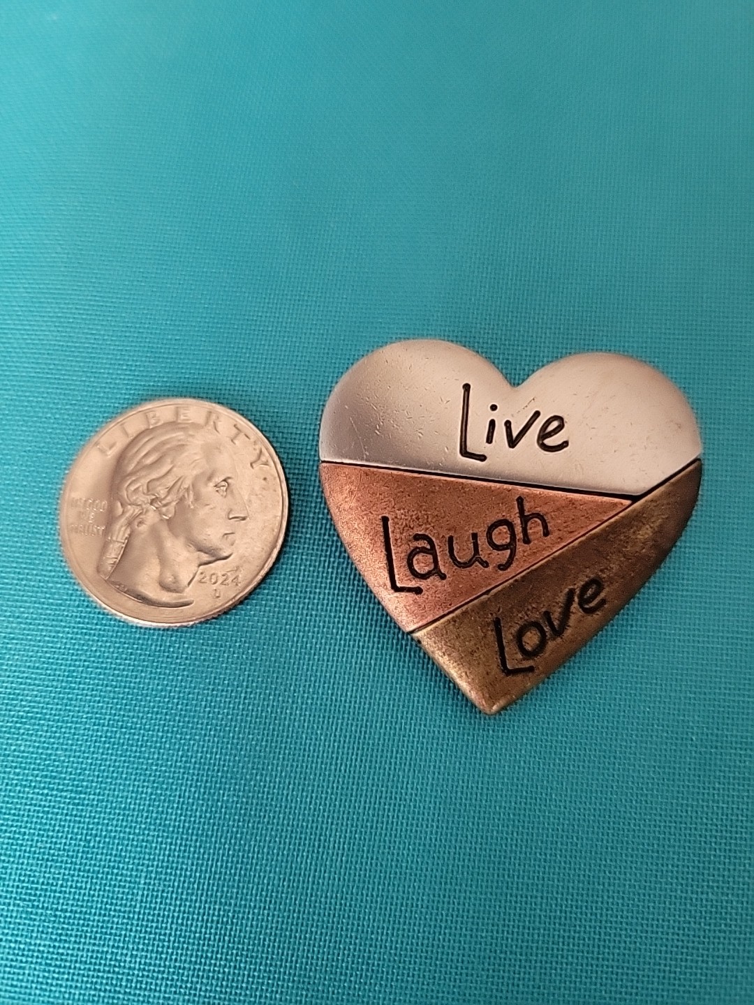 Olrazza Mixed Metals Heart Brooch/Pin~LIVE LAUGH LOVE Tri-Color Mixed Metals~Vtg