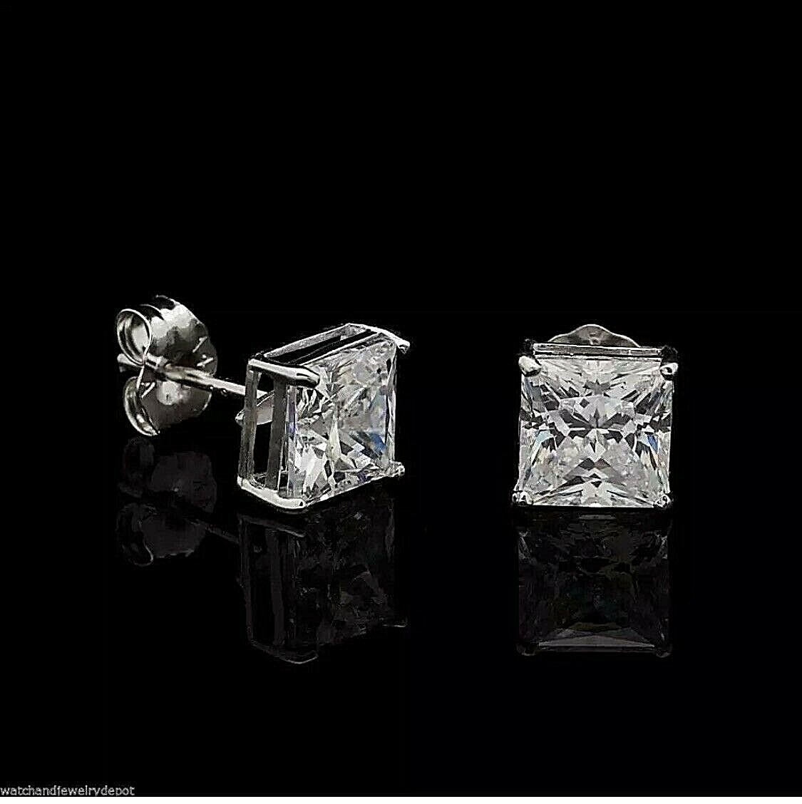 1 Ct Princess Cut VVS1/D Lab Created Stud Earrings 14K White Gold Push Back 6mm