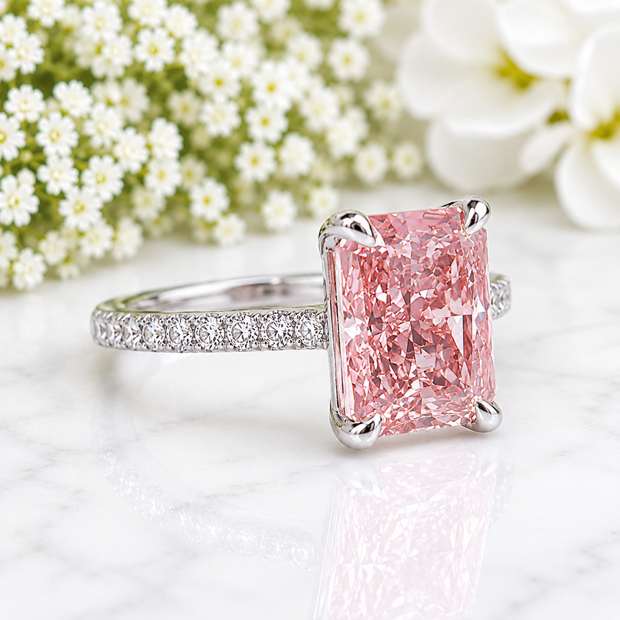 Fancy Vivid Pink IGI Lab Created Diamond Ring 18k White Gold 3.75 Ct Radiant Cut
