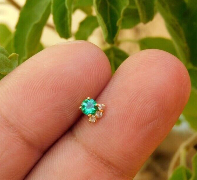 Round Cut Real Emerald Diamond Nose Screw Ring Stud Piercing Pin 14K Yellow Gold