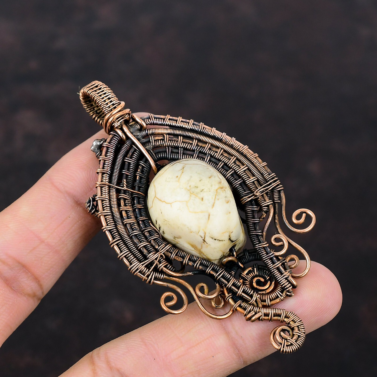 Howlite Copper Friend Gift Wire Wrapped And Skull Face Pendant 3.23″