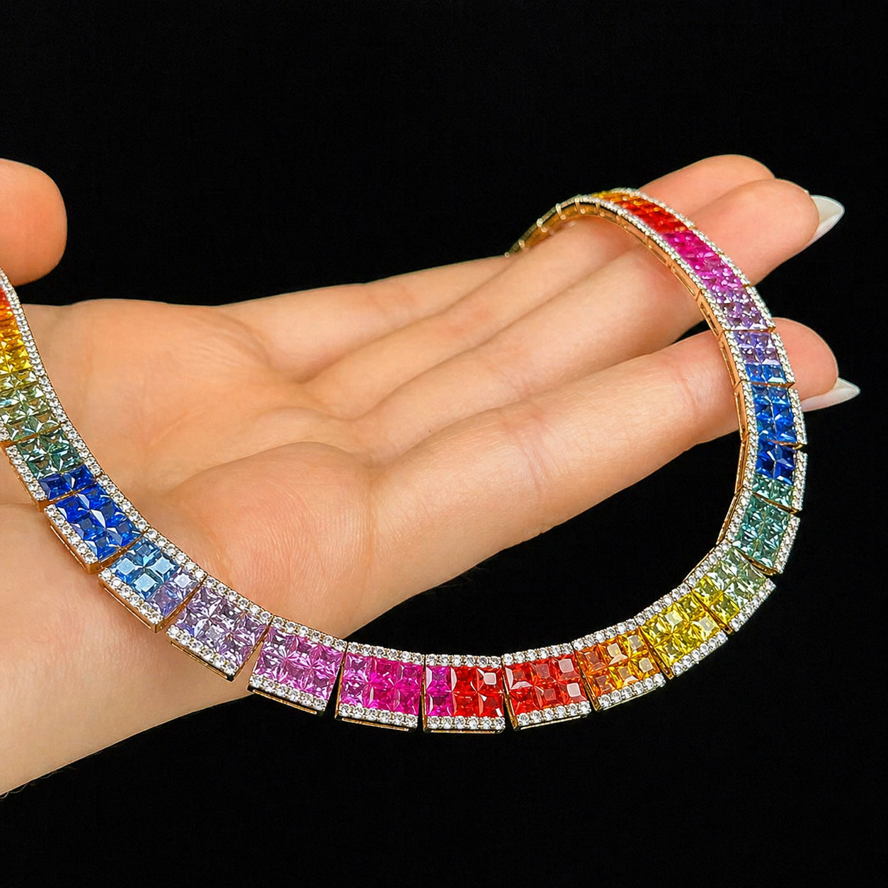 50Ct Princess Cut Multicolor Lab Created Sapphire Rainbow Necklace 925 Silver