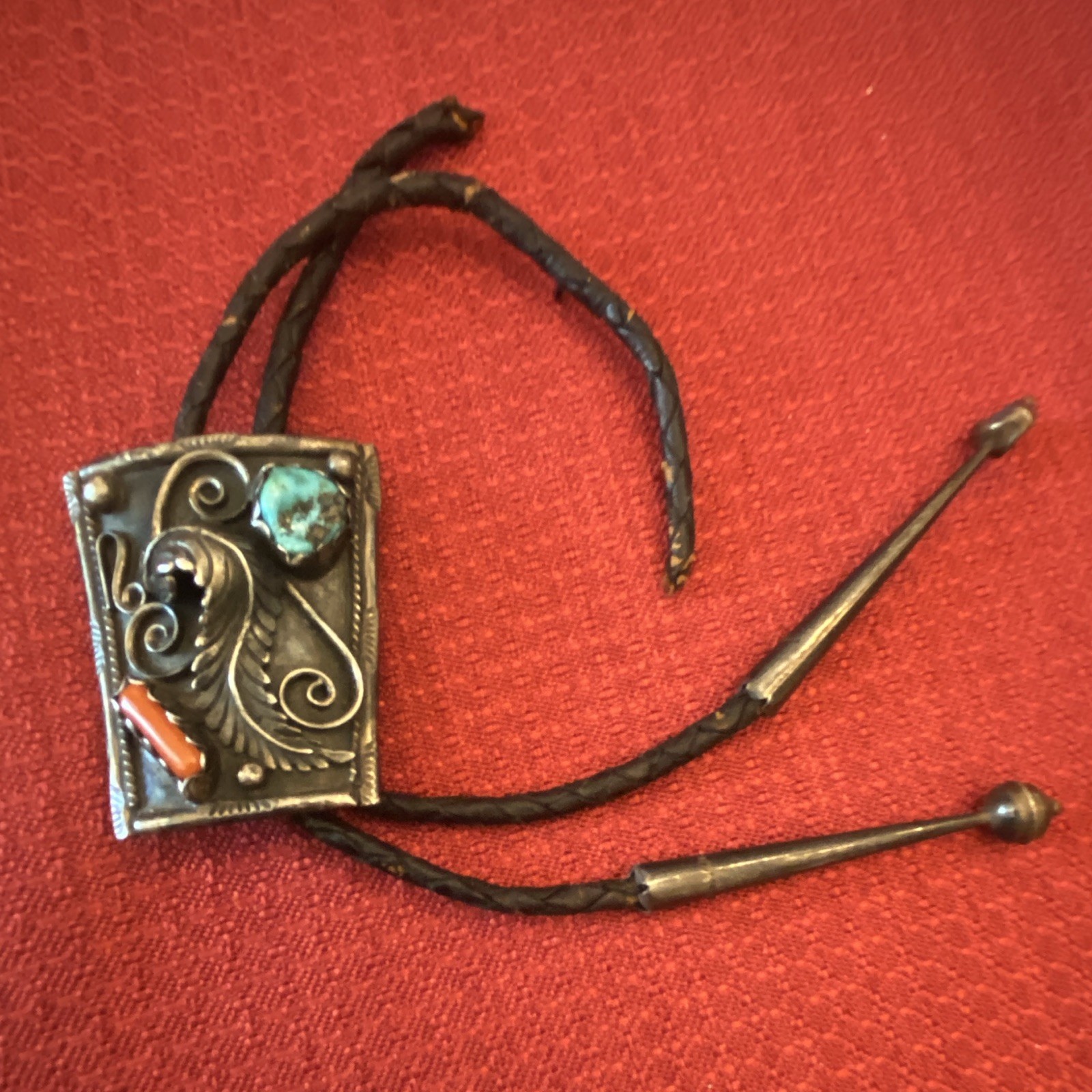VTG Navajo Sterling Silver Turquoise Coral Bolo Tie Signed DBM Sunburst Bennett