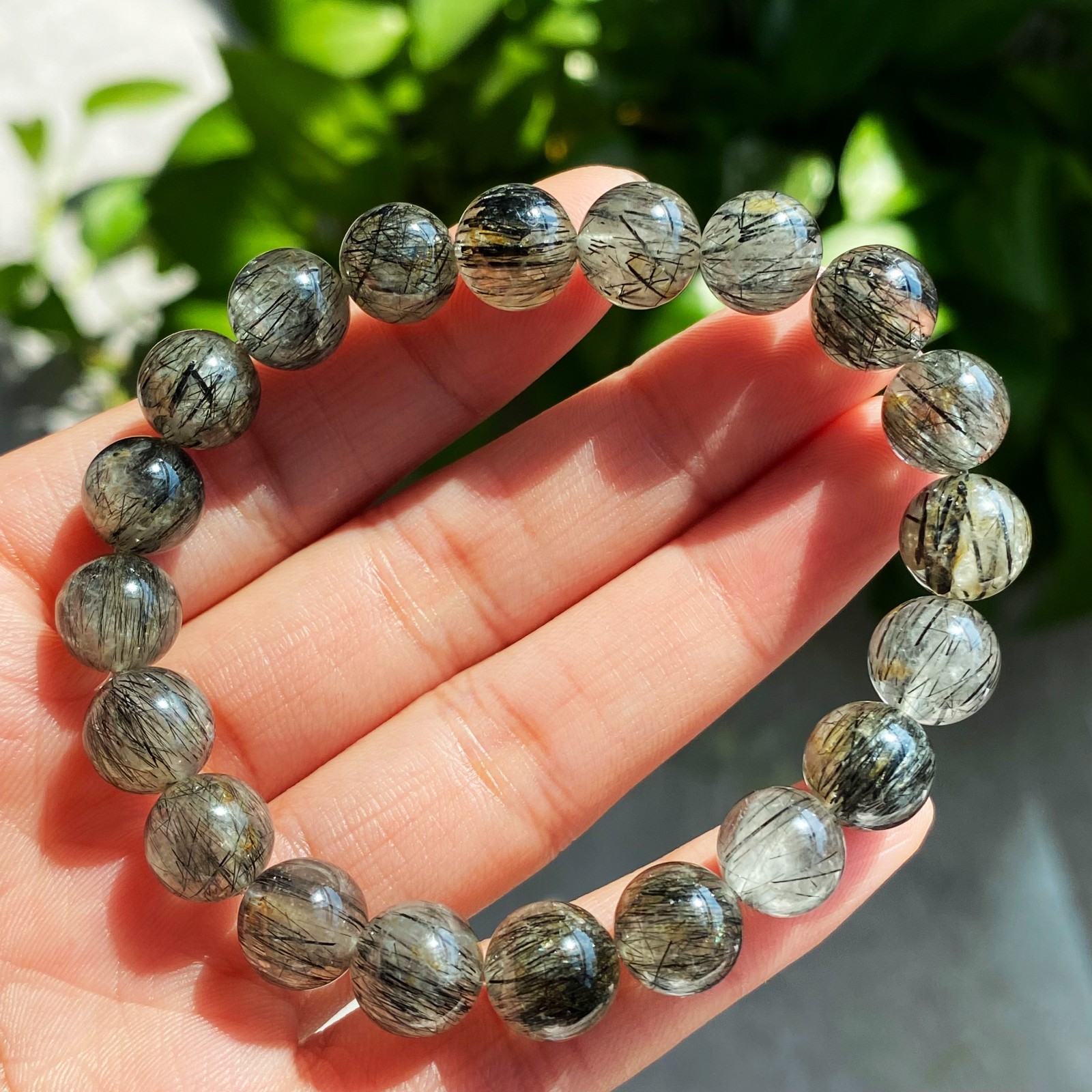 9mm Natural Black Rutilated Quartz Crystal Beads Bracelet 2342