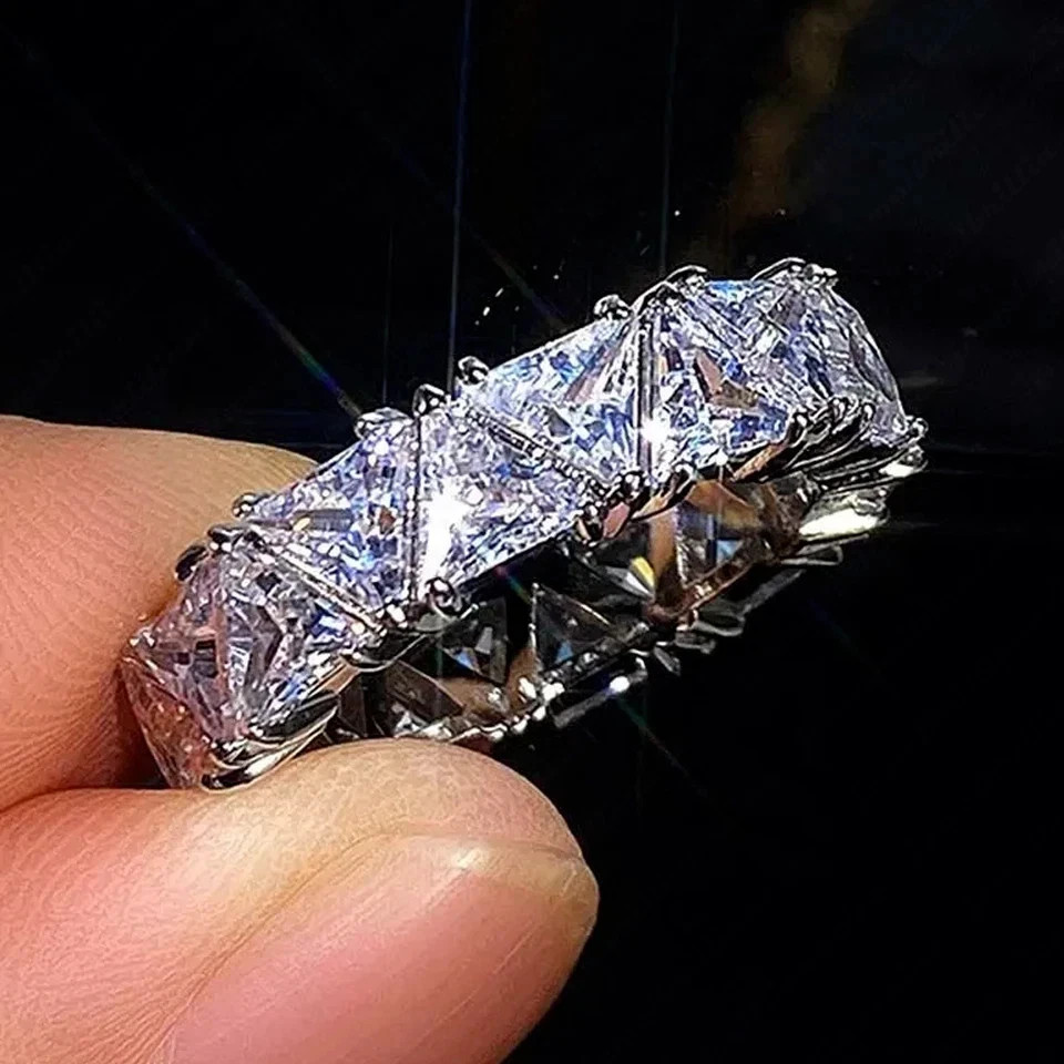 6Ct Trillion Cut Natural Diamond Solid 18K White Gold Luxury Eternity Band Ring