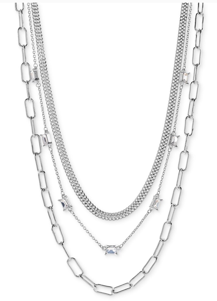 On 34th Crystal & Mixed Link Layered Collar Necklace, 16″ + 2″ extender, Silver