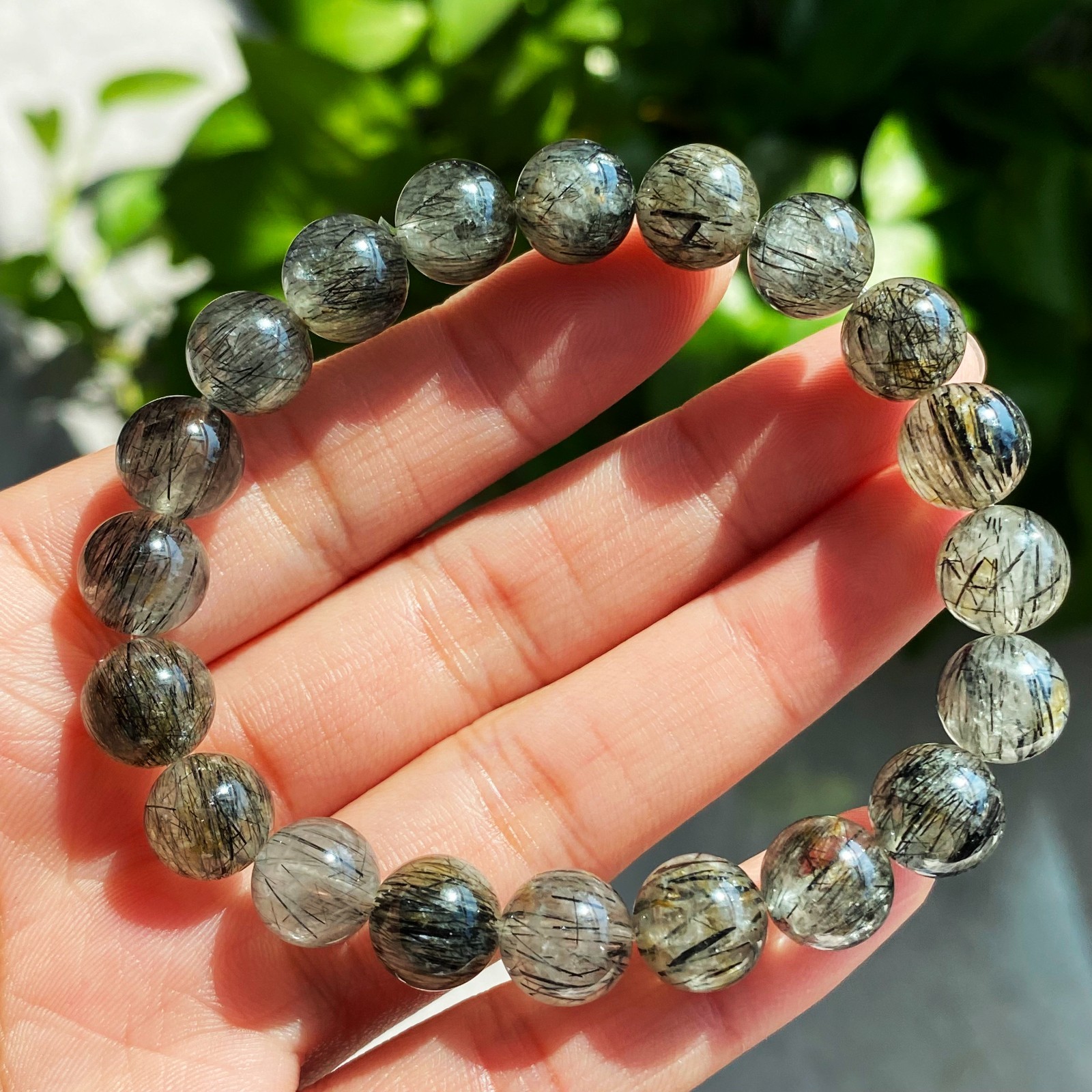 9mm Natural Black Rutilated Quartz Crystal Beads Bracelet 2342
