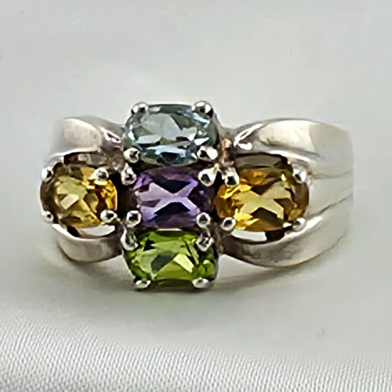Vintage Sterling Silver 5 Gemstone Cluster Ring Amethyst Peridot Citrine Sz 7.5