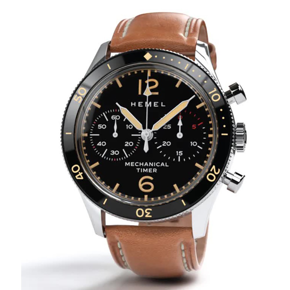 HEMEL Air Defense Mechanical Chronograph Steel Brown Black Leather Men’s Watch