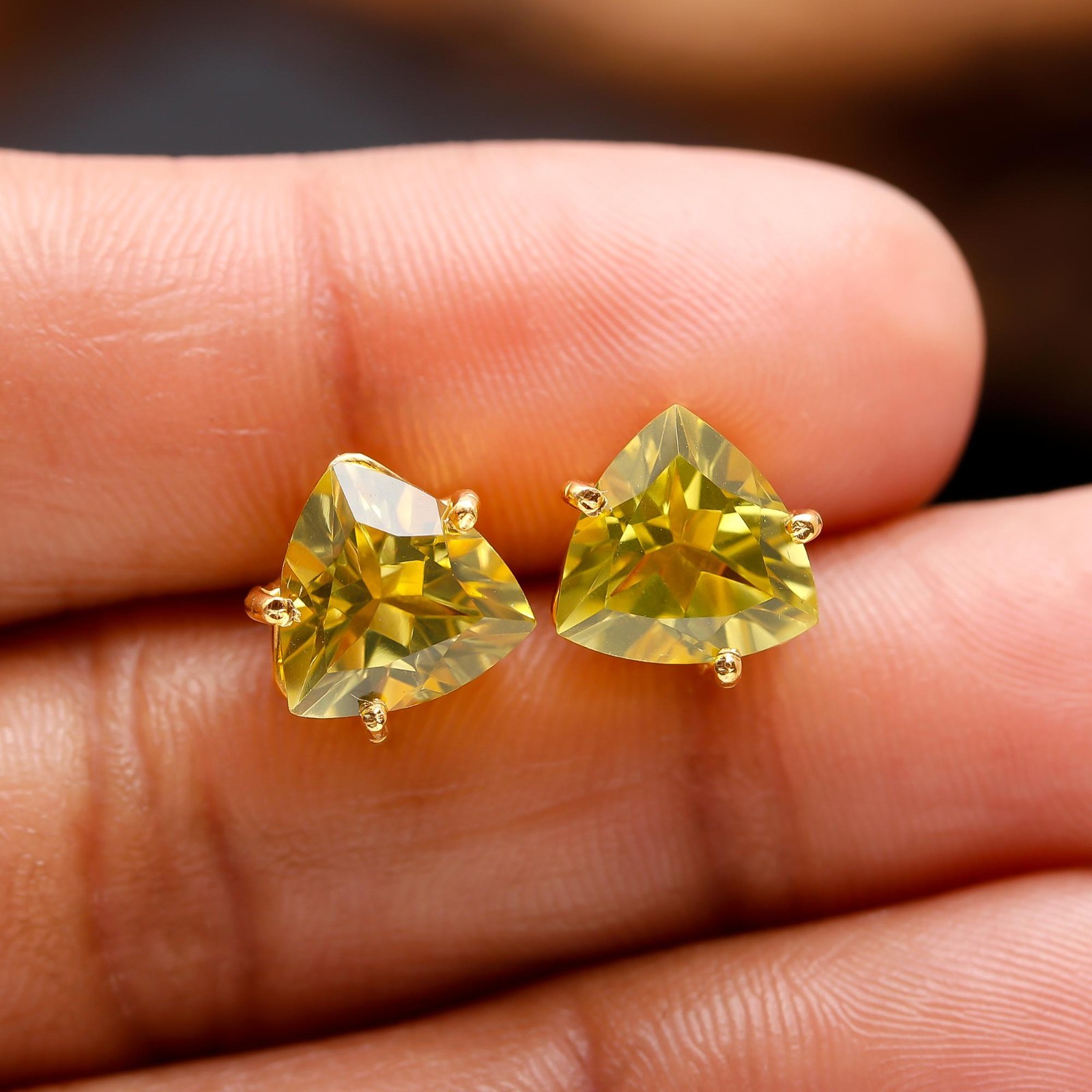 Natural Lemon Quartz Trillion Stud Earring Gold Fill 925 Sterling Silver Jewelry