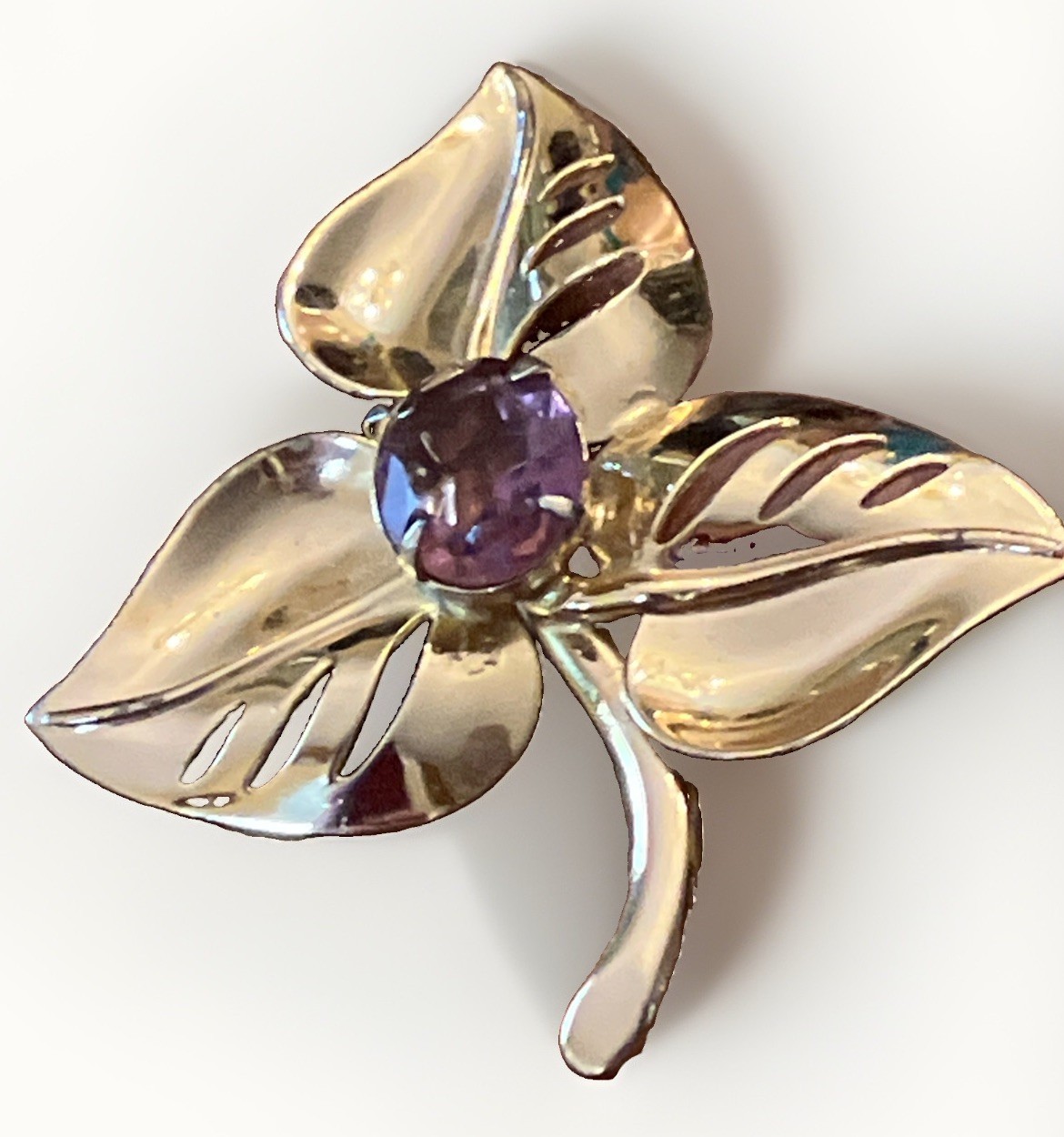 Vintage signed CORO Sterling Gold Vermeil Purple Amethyst Glass Rhinestone PIN