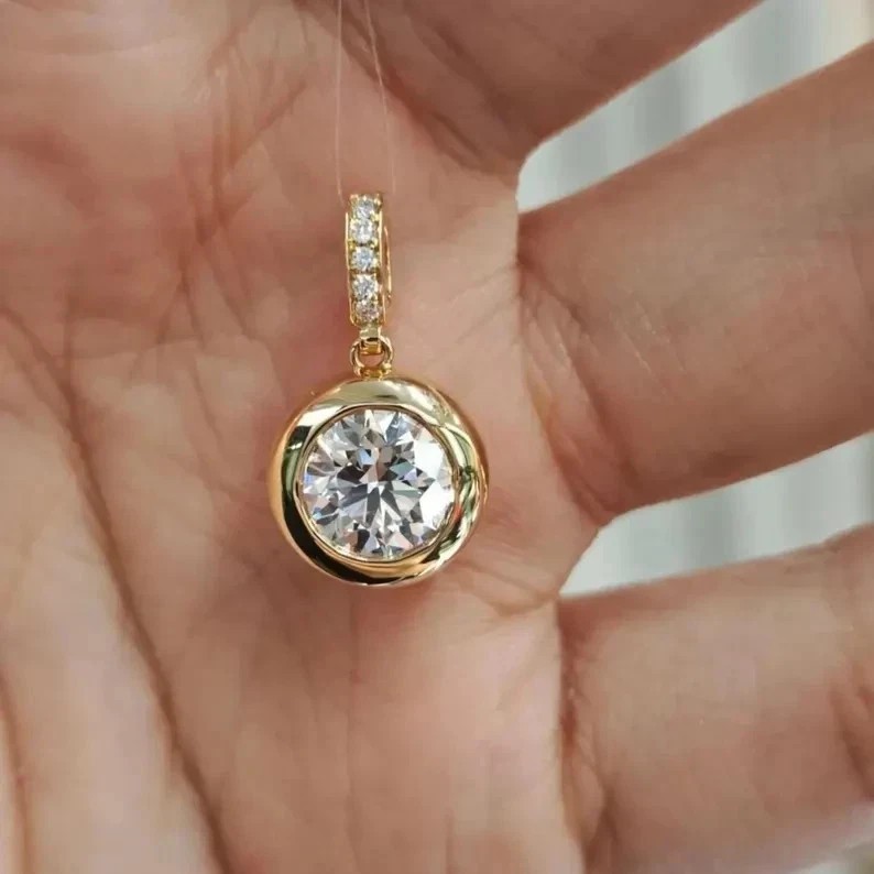 3CT Round Cut Lab Created Diamond Bezel Set Charm Pendant 14k Yellow Gold Plated