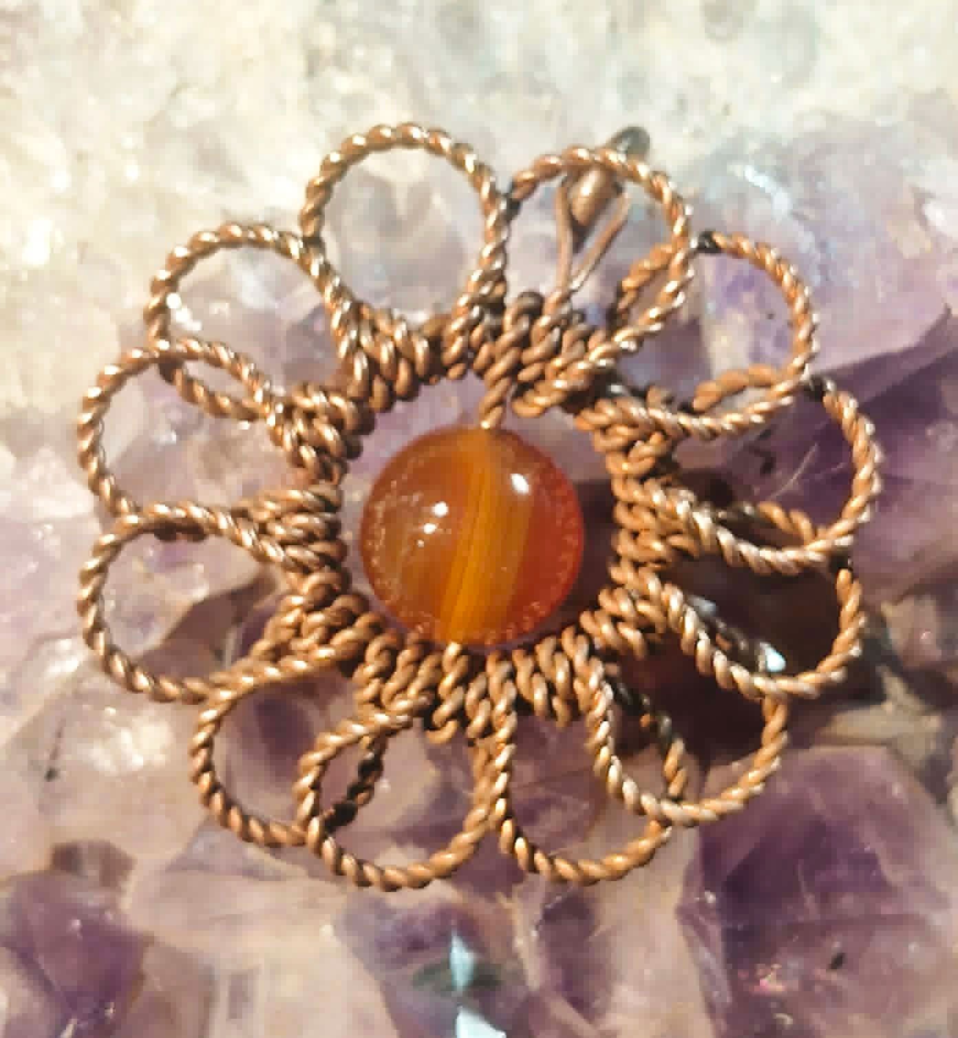 Flower Pendant Copper Daisy Wire Wrapped Mandala Agate Energy Lucky Jewelry #PM5
