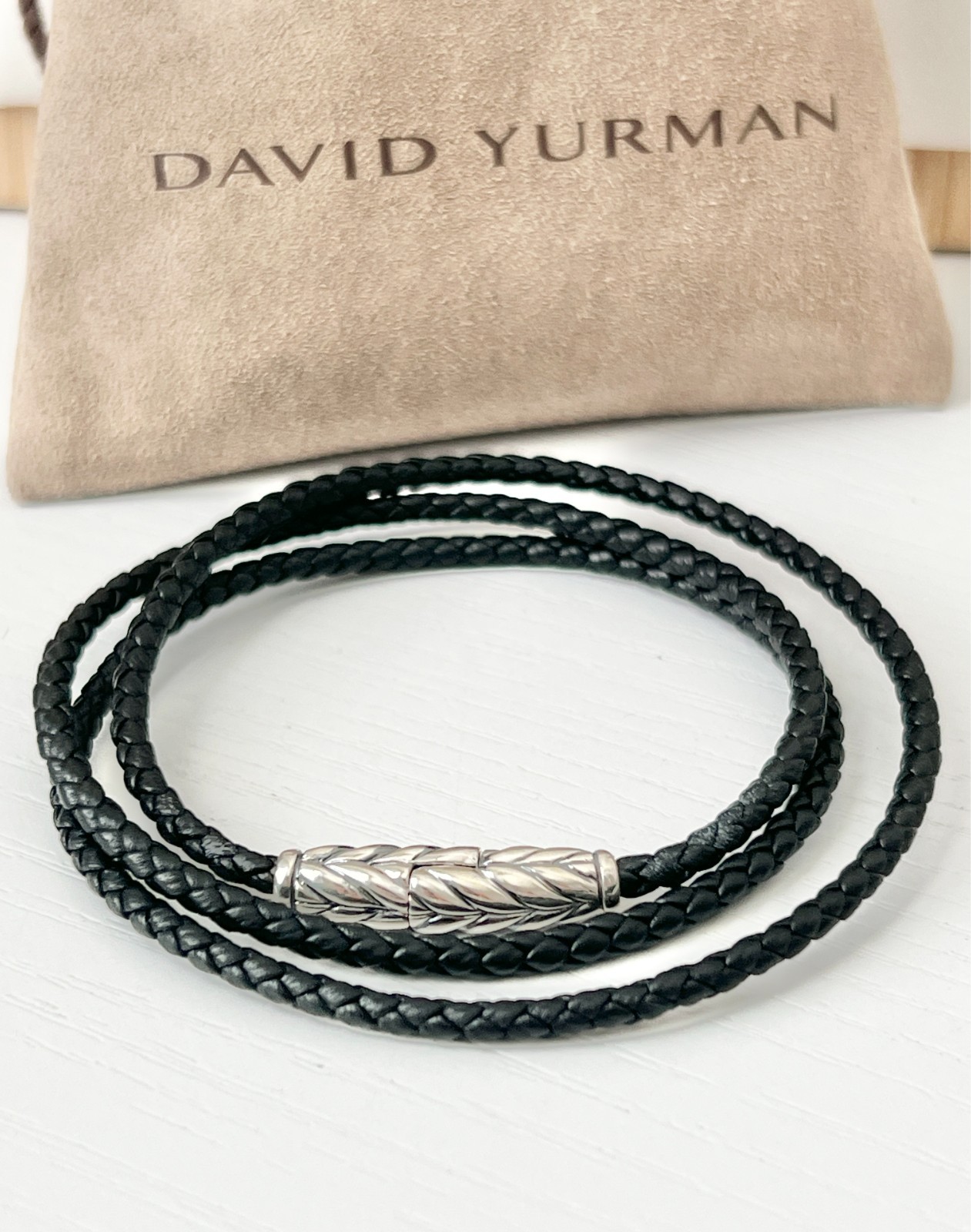David Yurman Men’s Chevron Black Triple Wrap Leather Bracelet in Silver