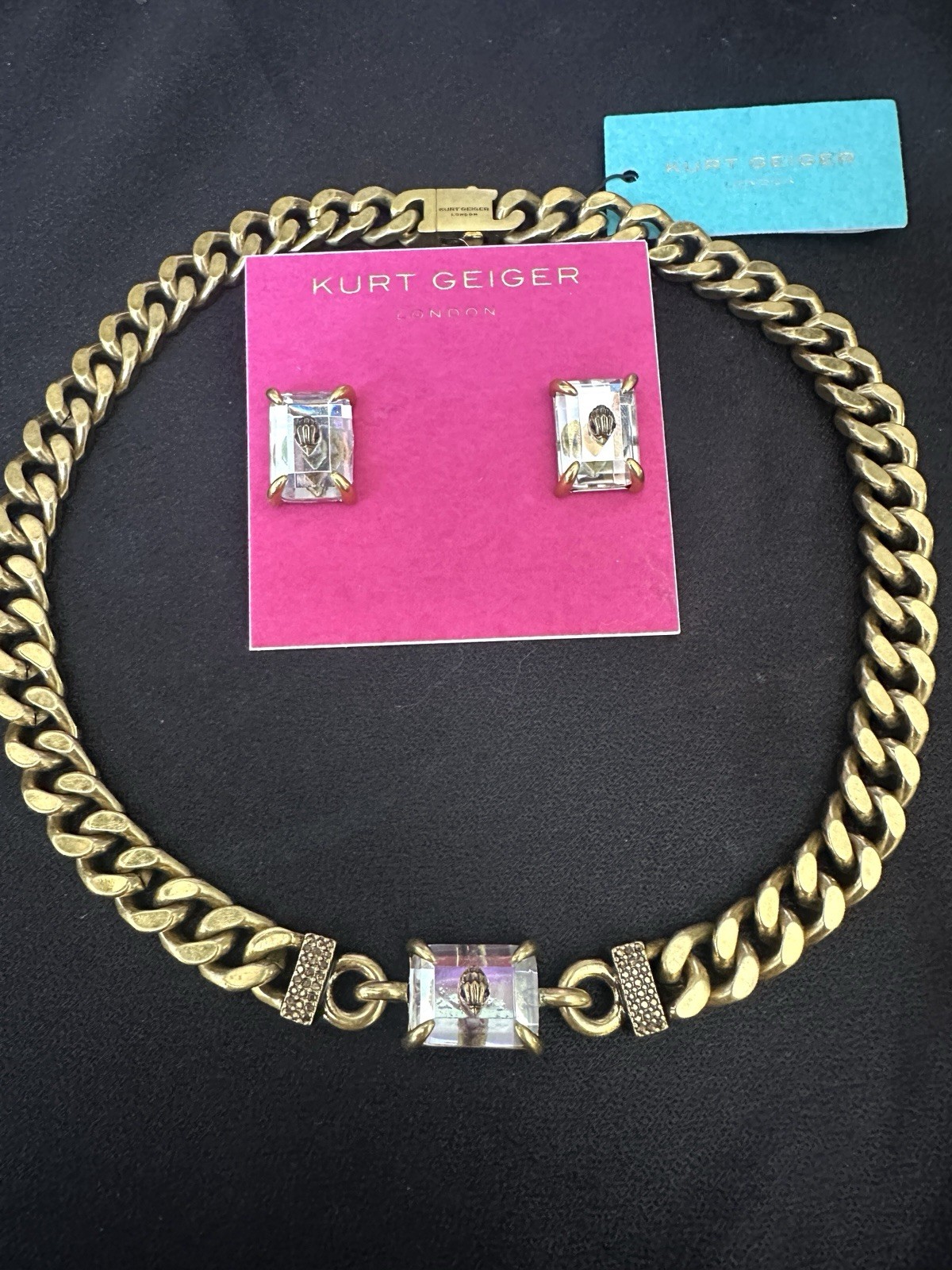 Kurt Geiger Jewelry Set/Necklace Earrings/Eagle Head/ Brass/ Cear Crystal