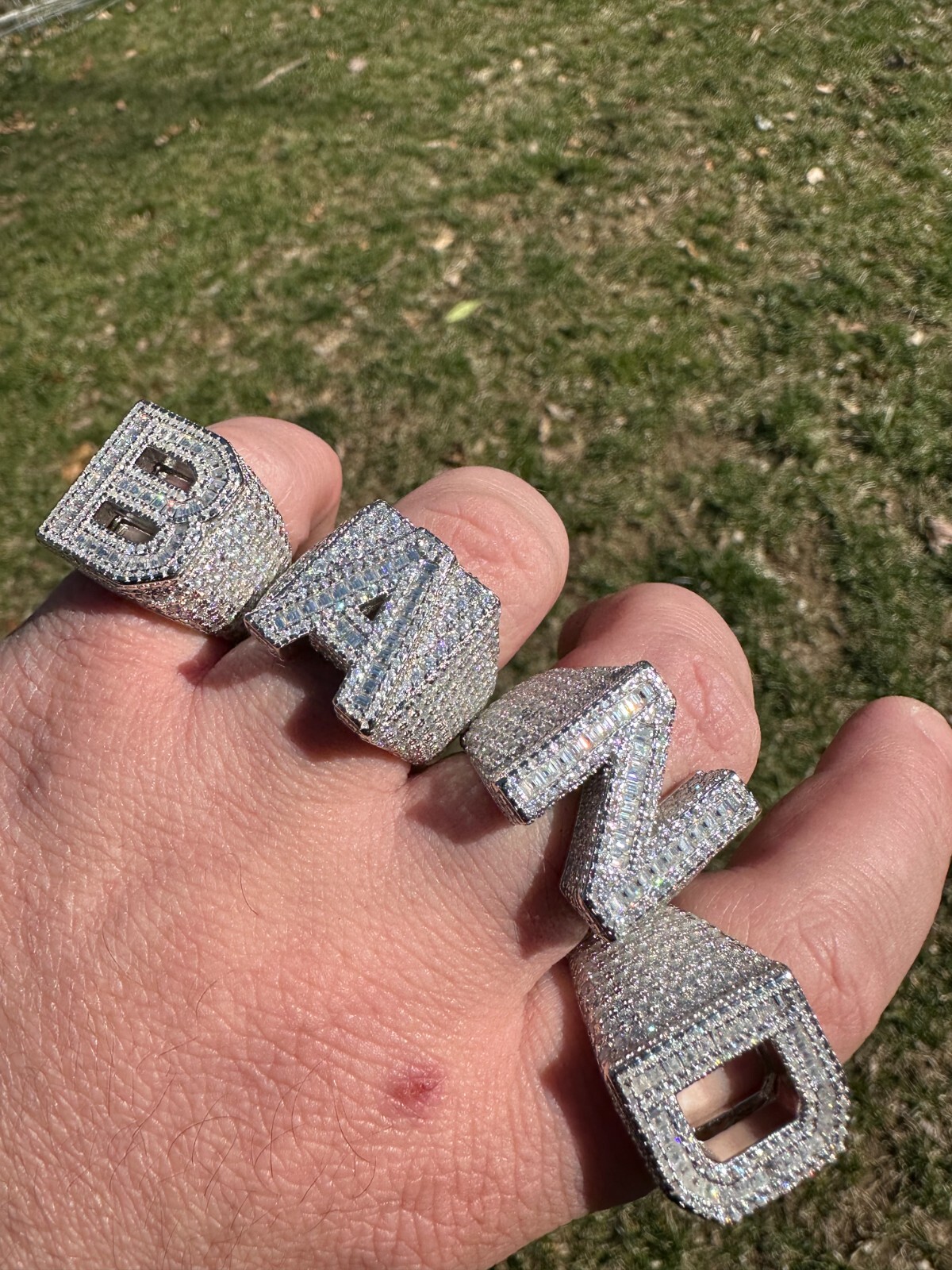 Real MOISSANITE Large Initial Letter Ring Iced Baguette Hip Hop 925 Silver A-Z