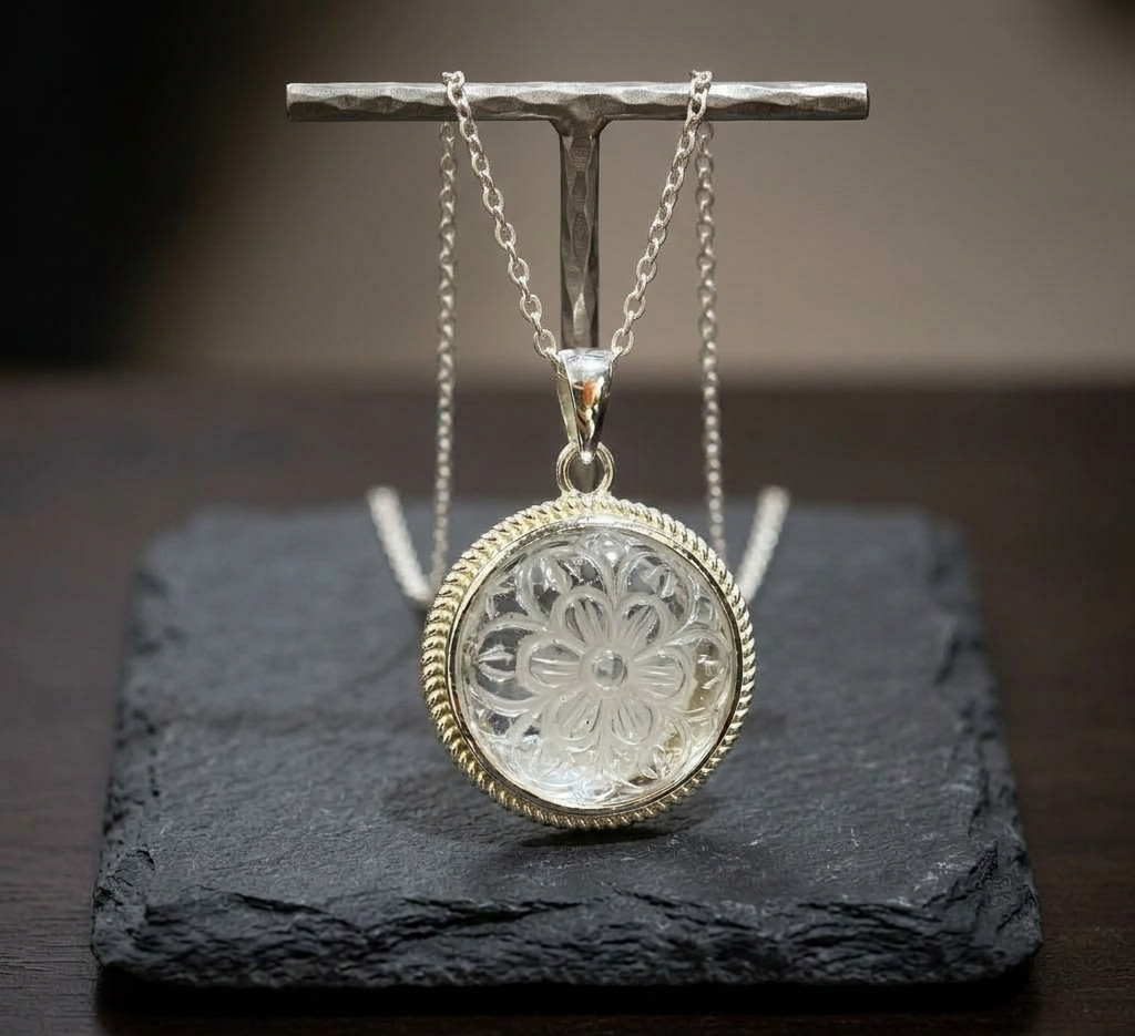 S925 Sterling Silver Crystal Quartz Flower Carving Pendant Necklace Jewelry