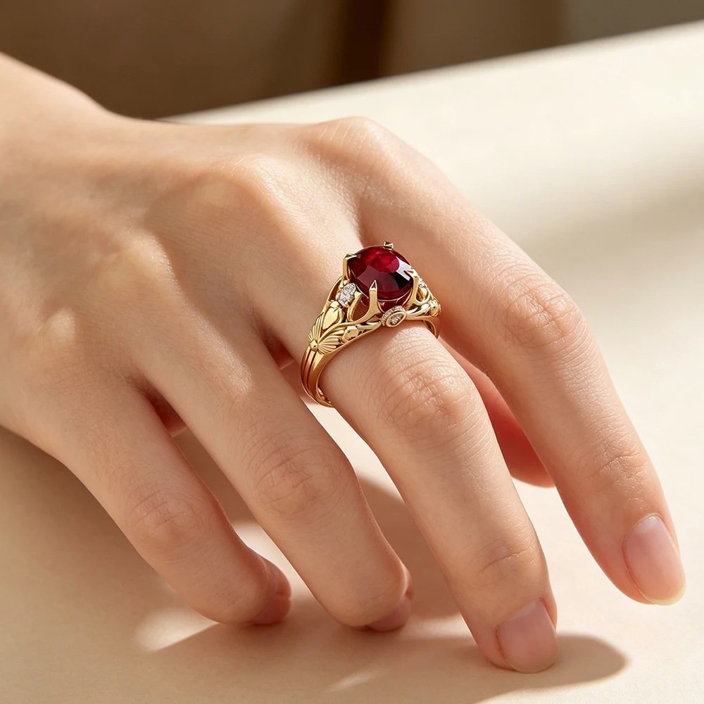 Retro Radiant Cut Ruby Ring Bezel Set Paved CZ stones Valentine’s Gifts