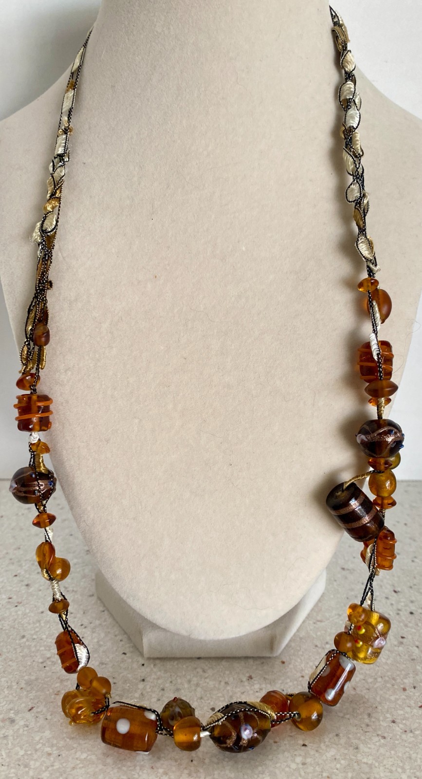 Vintage Amber Color Glass Bead Necklace on Silk Strand Hand Made 24″ Statement