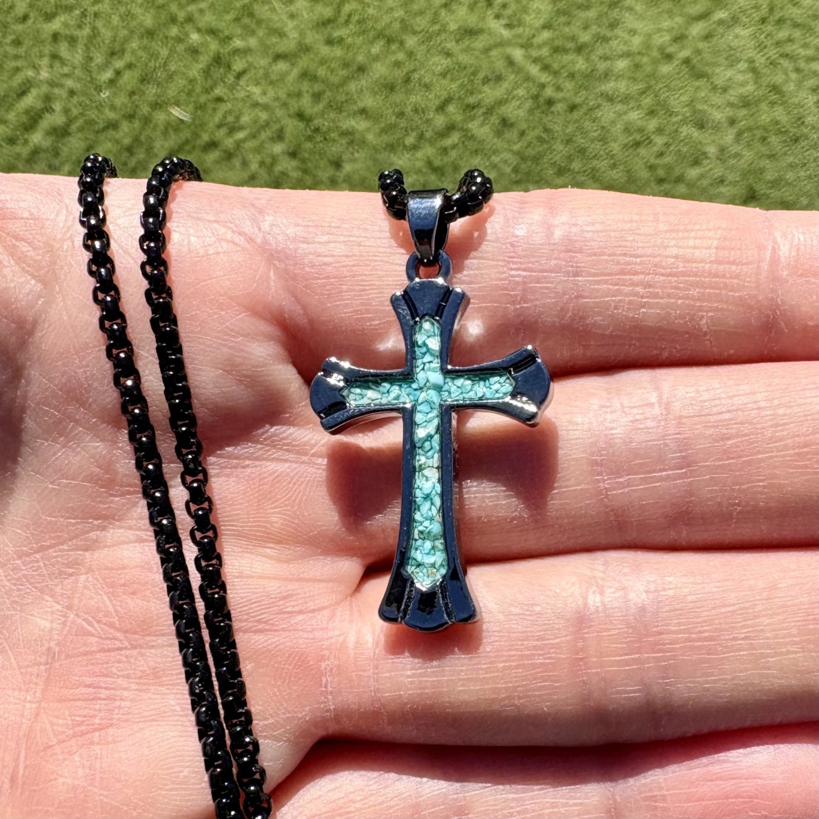 Turquoise Chip Inlay Flared Cross Pendant Necklace Classic