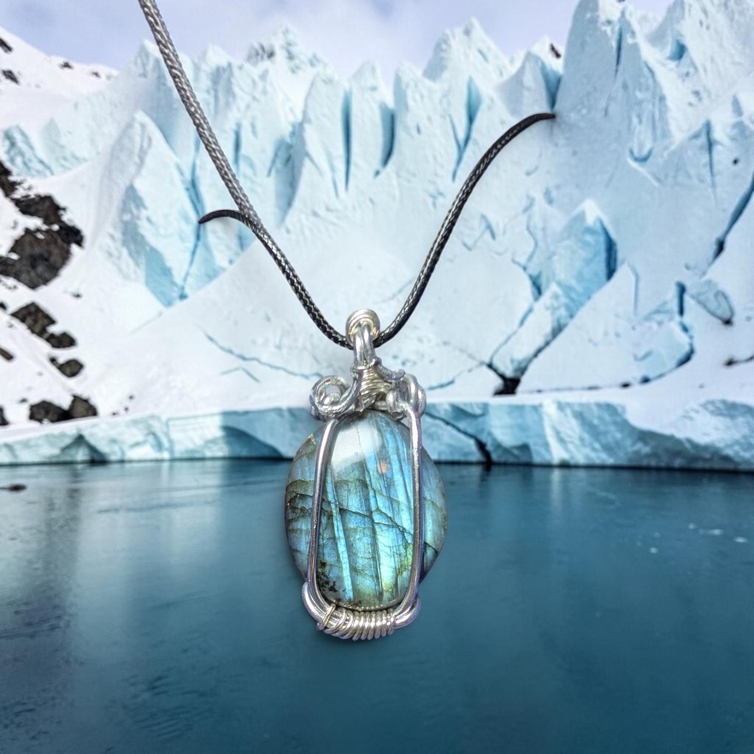 Wire Wrapped Oval Labradorite Pendant Necklace, Silver Tone Snake Chain