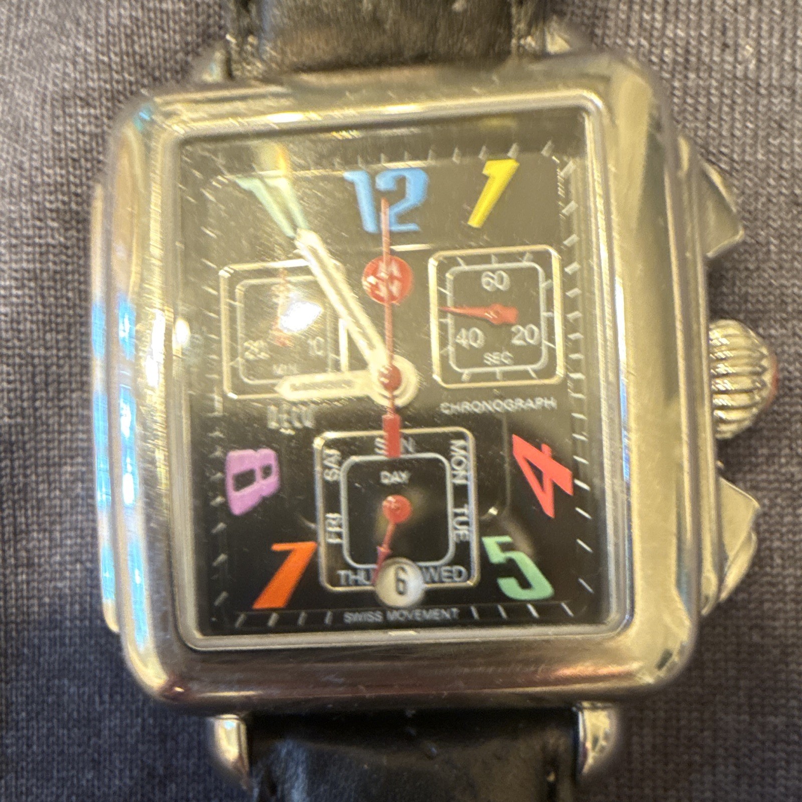 MICHELE Deco Swiss Quartz Chronograph Date/Day Square 33mm Black Dial