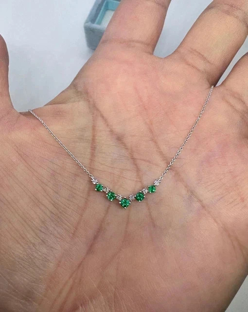 1.Ct Round Cut SimulateGreen Emerald Bar Pendant 14K White Gold Plated 18″ Chain