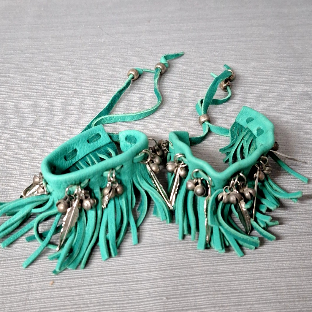 Pair of Faux Leather Bracelet Green Fringe Cuffs Bell Feather Bead Boho Festival
