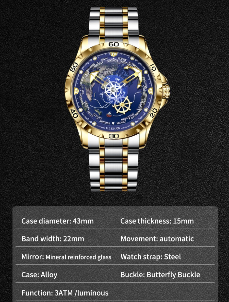 GLENAW Men’s Automatic Mechanical Watch Skeleton Dial 3TM Waterproof Watch Gift